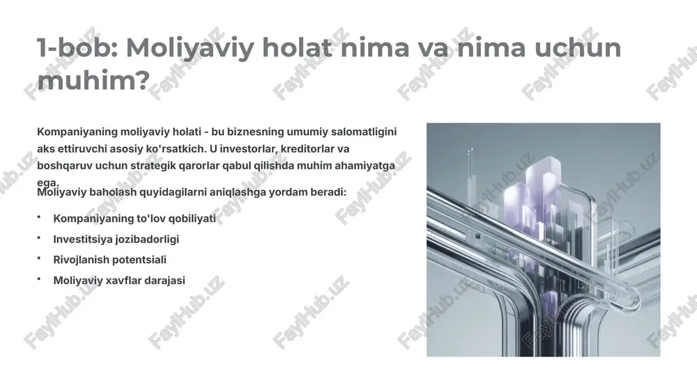 vlar - tovarlar) / joriy majburiyatlar normal qiymat: 0.8 - 1.0 bu ko'rsatkich kompaniyaning eng likvidli aktivlari hisobiga majburiyatlarni qoplash qobiliyatini baholaydi. 3 mutlaq likvidlik koeffitsienti formula: naqd pul / joriy majburiyatlar normal qiymat: 0.2 - 0.3 kompaniyaning naqd pul va qisqa muddatli investitsiyalar yordamida to'lov qobiliyatini ko'rsatadi. qarzdorlik va moliyaviy barqarorlik qarzdorlik darajasi ko'rsatkichlari qarzdorlik koeffitsienti kompaniyaning jami qarzlarini umumiy aktivlariga nisbatini ko'rsatadi. formula: jami qarzlar / jami aktivlar maqbul qiymat: 0.5 dan past solvency koeffitsienti kompaniyaning uzoq muddatli moliyaviy barqarorligini baholaydi. formula: xususiy kapital / jami aktivlar 1 dan yuqori bo'lsa, kompaniya moliyaviy barqaror hisoblanadi. 50% maqbul qarzdorlik optimal darajada qarz 1.5+ solvency barqaror holat likvidlik va qarzdorlik o'zaro ta'siri yuqori likvidlik va past qarzdorlik kompaniyaning moliyaviy sog'ligining asosiy belgilaridir. muvozanatli yondashuv biznes samaradorligini ta'minlaydi. muhim eslatma: juda yuqori likvidlik ham muammo bo'lishi mumkin, chunki bu aktivlarning samarasiz ishlatilishidan dalolat beradi. optimal muvozanat zarur! 3-bob operatsion samaradorlik va …