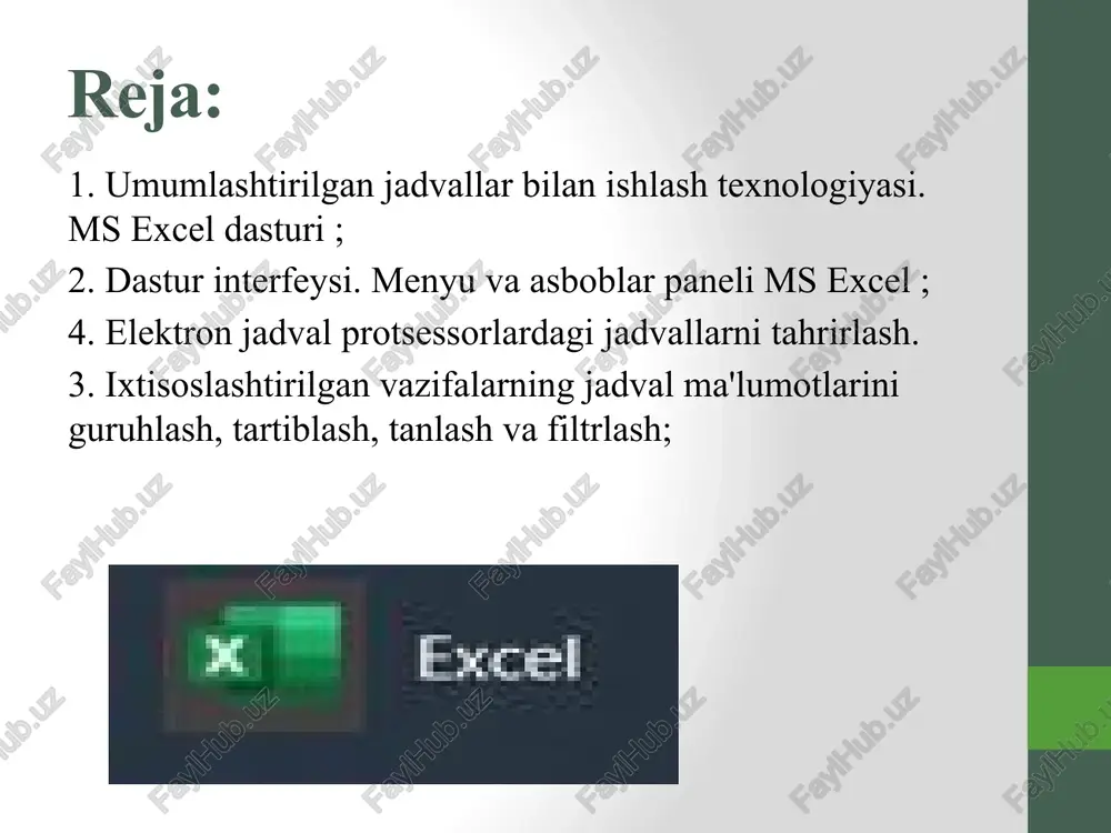 arni avtomatik ravishda qayta hisoblab chiqadi. agar formuladan nusxa ko'chirishda ba'zi kataklarga havola o'zgarmasligi kerak bo'lsa, u holda katakchaning mutlaq (o'zgarmas) manzilini o'rnatish mumkin. ms excel microsoft excel - bu microsoft office paketiga kiritilgan dasturiy mahsulot bo'lib, jadval ma'lumotlarini tezda qayta ishlash imkonini beradi . ms excel ning imkoniyatlari juda keng. excel ikki inglizcha excellent va cells so'zining qisqartmasidan tuzilgan va ajoyib katakchalar degan ma'noni anglatadi . excel mo''jizalar yaratadi va microsoft office mahsulotlarining eng ilg'oridir. ms excel dasturining imkoniyatlari ms excel raqamli ma'lumotlarni qayta ishlash imkoniyatini beradi. turli xil hisob-kitoblar formulalar yordamida amalga oshiriladi. barcha moliyaviy va buxgalteriya hisoblarini oson va qulay tarzda amalga oshirish imkonini beradi. o'zgartirilgan ma'lumotlar asosida qayta hisoblash, statistik ma'lumotlarni saqlash imkonini beradi, har xil turdagi diagrammalar ko'rinishida ma'lumotlarni tartibga solish, tahlil qilish va taqdim etish imkonini beradi. grafik va diagrammalar yordamida turli ko'rsatkichlarning o'zgarishlar dinamikasini kuzatish. ms excel ms excel dasturidagi barcha yangi matnli …