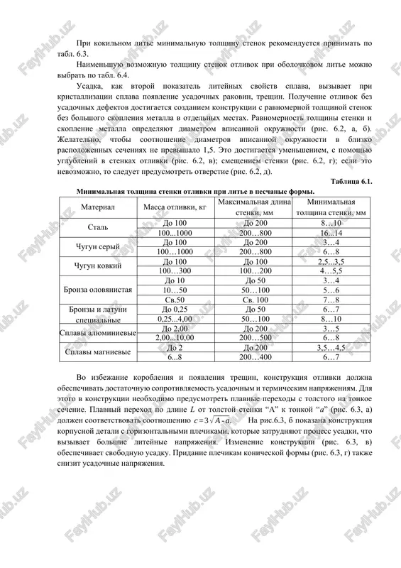 ix defektov dostigaetsya sozdaniem konstruktsii s ravnomernoy tolshinoy stenok bez bolshogo skopleniya metalla v otdelnix mestax. ravnomernost tolshini stenki i skoplenie metalla opredelyayut diametrom vpisannoy okrujnosti (ris. 6.2, a, b). jelatelno, chtobi sootnoshenie diametrov vpisannoy okrujnosti v blizko raspolojennix secheniyax ne previshalo 1,5. eto dostigaetsya umensheniem, s pomoshyu uglubleniy v stenkax otlivki (ris. 6.2, v); smesheniem stenki (ris. 6.2, g); esli eto nevozmojno, to sleduet predusmotret otverstie (ris. 6.2, d). tablitsa 6.1. minimalnaya tolshina stenki otlivki pri lite v peschanie formi. material massa otlivki, kg maksimalnaya dlina stenki, mm minimalnaya tolshina stenki, mm stal do 100 do 200 8…10 100...1000 200…800 16...14 chugun seriy do 100 do 200 3…4 100…1000 200…800 6…8 chugun kovkiy do 100 do 100 2,5...3,5 100…300 100…200 4…5,5 bronza olovyanistaya do 10 do 50 3…4 10…50 50…100 5…6 sv.50 sv. 100 7…8 bronzi i latuni spetsialnie do 0,25 do 50 6…7 0,25...4,00 50…100 8…10 splavi alyuminievie …