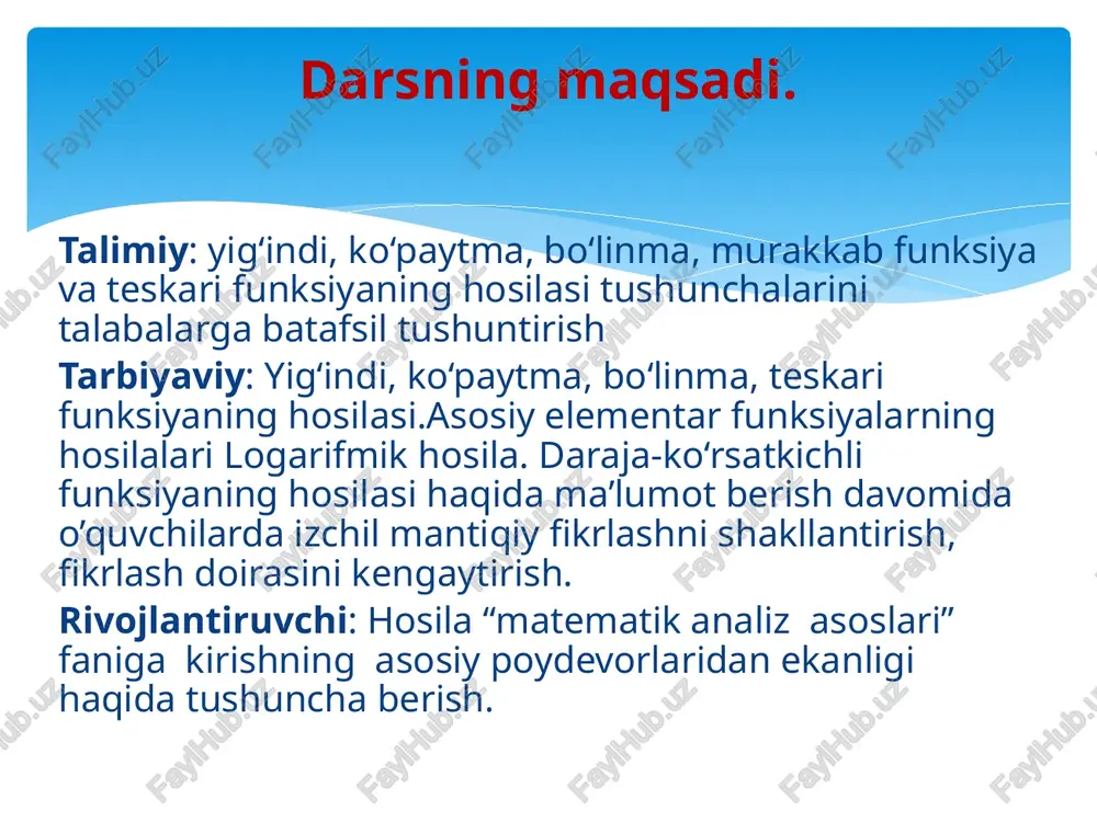 i funksiyaning hosilasi. faraz qilaylik y=f(x) funksiya [a;b] kesmada monoton o‘suvchi, (a;b) intervalda y’=f’(x) hosilaga ega va x(a,b) uchun f’(x)0 bo‘lsin. quyidagi belgilashlarni kiritamiz: f(a)=, f(b)=. u holda y=f(x) funksiya uchun teskari funksiyaning mavjudligi va uzluksizligi haqidagi teorema shartlari bajariladi chunki y=f(x) funksiyaning uzluksizligi uning hosilaga ega ekanligidan kelib chiqadi. shunday qilib, [;] kesmada y=f(x) funksiyaga nisbatan teskari bo‘lgan x=(y) funksiya mavjud bo‘ladi. teskari funksiya argumenti y ga y0 orttirma beramiz. u holda x=(y) funksiya biror x=(y+y)-(y) orttirma oladi va teskari funksiyaning monotonligidan x0, uzluksizligidan esa y0 da x0 ekanligi kelib chiqadi. endi x=(y) funksiyaning hosilasini topamiz. yuqorida aytilganlarni e’tiborga olsak, hosilaning ta’rifiga ko‘ra demak xy’=’(y)=1/f’(x) formula o‘rinli ekan. murakkab funksiyaning hosilasi 4-teorema. agar u=(x) funksiya x(a,b) nuqtada hosilaga ega, y=f(u) funksiya esa u=(x) nuqtada hosilaga ega bo‘lsa, u holda y=f((x)) murakkab funksiya x nuqtada hosilaga ega va (f((x)))’=f’(u)’(x) (1) formula o‘rinli bo‘ladi misol. y= funksiyaning hosilasini toping yechish. bu …