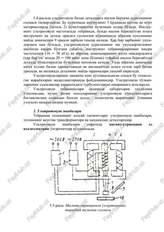 ori bo'lgani sababli, instrument tebranishlarining yuqori chastotaligi (16 ─ 30 kgts) va abraziv donachalarining katta miqdordaligi (har bir sm3 yuzada 20 ─ 100 ming dona bo'lishi) tufayli ishlov berilayotgan detalda yo'naltirilgan buzilishi intensiv kechadi. unda abraziv donachalar katta tezlik bilan harakatlanadi va ishlanayotgan yuzaga kuchli zarb bilan uriladi, va natijada detalning mayda zarrachalari ushalib ajraladi. ultratovushlarning ikkinchi keng qo'llaniladigan sohasi bu texnolo-gik jarayonlarni jadallashtirishda foydalanishdir. ultratovush to'lqin-larining suyuqliklar harakatidagi turbulentlikni oshirishiga asoslangan. ultratovush tebranishlari yordamida laboratoriya tahlilini o'tkazmasdan, muhit fizik xossalarining ultratovush ko'rsatkichlariga bog'liqligini oldindan bilgan holda, texnologik jarayonning o'tishini uzluksiz nazorat qilish mumkin. 2. ultratovush manbalari tebranish tizimining asosiy elementlari: ultratovush manbalari, tezlikning akustik transformatori va mahkamlash detallaridir. ultratovush manbalari sifatida magnit-striktsion va p'ezoelektrik o'zgartkichlar qo'llaniladi. 5.5-rasm. magnit striktsionli o'zgartkichning tarkibiy tuzilish sxemasi 5.5-rasmda magnit striktsionli o'zgartgichning sxemasi tasvirlangan. o'zgartkich o'zagi 4-ning chulg'ami 5 yuqori chastotali tok generatori 1-dan ta'minlanadi. o'zgarmas tok manbai 2-dan ta'minlanadigan elektromagnitlar 3 va 6 …