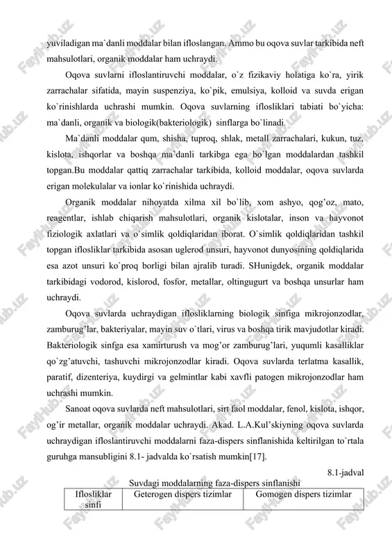 o`proq ko`chalarning sirtidan yuviladigan ma`danli moddalar bilan ifloslangan. ammo bu oqova suvlar tarkibida neft mahsulotlari, organik moddalar ham uchraydi. oqova suvlarni ifloslantiruvchi moddalar, o`z fizikaviy holatiga ko`ra, yirik zarrachalar sifatida, mayin suspenziya, ko`pik, emulsiya, kolloid va suvda erigan ko`rinishlarda uchrashi mumkin. oqova suvlarning iflosliklari tabiati bo`yicha: ma`danli, organik va biologik(bakteriologik) sinflarga bo`linadi. ma`danli moddalar qum, shisha, tuproq, shlak, metall zarrachalari, kukun, tuz, kislota, ishqorlar va boshqa ma`danli tarkibga ega bo`lgan moddalardan tashkil topgan.bu moddalar qattiq zarrachalar tarkibida, kolloid moddalar, oqova suvlarda erigan molekulalar va ionlar ko`rinishida uchraydi. organik moddalar nihoyatda xilma xil bo`lib, xom ashyo, qog’oz, mato, reagentlar, ishlab chiqarish mahsulotlari, organik kislotalar, inson va hayvonot fiziologik axlatlari va o`simlik qoldiqlaridan iborat. o`simlik qoldiqlaridan tashkil topgan iflosliklar tarkibida asosan uglerod unsuri, hayvonot dunyosining qoldiqlarida esa azot unsuri ko`proq borligi bilan ajralib turadi. shunigdek, organik moddalar tarkibidagi vodorod, kislorod, fosfor, metallar, oltingugurt va boshqa unsurlar ham uchraydi. oqova suvlarda uchraydigan iflosliklarning …