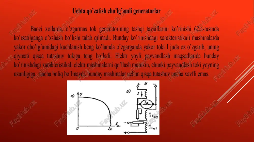 i to’yingan, normal o’zaklar esa kuchsiz to’yingan rejimda ishlaydi. bu generatorlarda shuningdek qo’shimcha qutblar xam o’rnatiladi. payvandlash maqsadlarida qo’llash uchun nominal rejimda kuchlanishi u=35 v (salt ishlash rejimida 85 v gacha) bo’lgan ps tipdagi bo’lingan qutbli o’zgarmas tok generatorlari ishlab chiqarilmoqda. unipolyar generatorlar unipolyar generatorlar yordamida past kuchlanishli (150) v va katta tok (500 ka gacha) xosil qilish mumkin. ko’pincha qo’llanilib kelinayotgan unipolyar generatorlarda magnit maydondan tashqarida o’rnatilgan rotor, xalqa ko’rinishidagi qo’zatish cho’lg’amlar xosil qilgan magnit maydonda aylanadi. mashinaning markaziy, aktiv qismida ishchi magnit oqim doimo bir xil qutbga ega bo’ladi, mashinaning nomi xam shundan kelib chiqqan. rotorni cho’lg’amining vazifasini uning yaxlit magnit o’zagi bajaradi. magnit maydonda aylanadigan rotorning markaziy aktiv qismida induktsiyalangan elektr yurituvchi kuch doim bir xil yo’nalgan bo’ladi. unipolyar generatorlardan tokni rotordagi cho’tkalar yordamida qabul qilib olinadi. unipolyar generatorlardan katta toklarni uzatish ancha qiyin, shuning uchun bu mashinalarning cho’tka apparatida ancha katta mexanik va elektr quvvat isroflari …