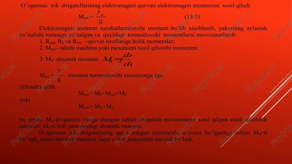 masini yozishimiz mumkin (55-rasm) n = be aa fc riu (13-8) o’zgarmas tok mashinasining moment tenglamasi m=c m f  i a (13-9) (13-9) dan i a ni ajratib (13-8) ga qo’yib, o’zgarmas tok dvigatellarining mexanik tavsifining n=f(m) tenglamasini olishimiz mumkin.   2 fcc mr fc u n me a e  (13-10) (13-10) tenglama o’zgarmas tok dvigatellarining aylanish tezligini yakorda xosil qilingan momentga boliqligini aniqlaydi. o’zgarmas tok dvigatellarini mexanik tavsiflarining (55-rasm) u=const da ko’rinishi, valdagi moment m o’zgarganda magnimexanikt oqimi f  ning o’zgarishiga boliq.sh va 1.chulg’amning sektsiya qadami va ulanish qadami. o’zgarmas tok mashinalarining yakor cho’lg’amlari ularning asosiy elementla-ridan xisoblanib, quyidagi talablarni qanoatlantirishlari shart: 1.cho’lg’am mashinani nominal kuchlanishi va yuklama tokiga xisoblanishi kerak; 2.mashinaning (15-20 yil) ishlashi uchun yakor cho’lg’ami yetarli elektrik, mexanik mustaxkamlikga ega va issiqlikga chidamli bo’lishi kerak; 3.cho’lg’amni tayyorlash konstruktsiyasi kollektordan elektr tokini uchqunsiz uzatish imkoniyatiga ega bo’lishi kerak; 4.berilgan foydali ish koeffitsiyentini ta’minlash …