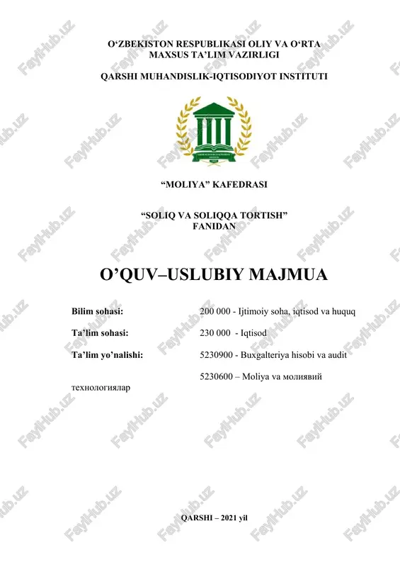 irishning ustuvor yo’nalishlari” uchinchi bo’limida “soliq yukini kamaytirish va soliqqa tortish tizimini soddalashtirish siyosatini davom ettirish, soliq ma’muriyatchiligini takomillashtirish va tegishli rag'batlantiruvchi choralarni kengaytirish, shuningdek, soliq tizimini tubdan isloh qilishni, shu jumladan soliqlar va majburiy to'lovlarni kamaytirishni, samarasiz soliq imtiyozlarini bekor qilishni nazarda tutadigan “o'zbekiston respublikasining soliq siyosatini takomillashtirish kontsepsiyasida”gi vazifalar belgilab qo'yilgan. «soliqlar va soliqqa tortish» fani o'zbekiston respublikasi davlat soliq xizmati organlariga mutaxassis kadrlarni tayyorlashda muhim ahamiyat kasb etadi. oliy ta’limning davlat standartlariga asosan soliqlar va soliqqa tortish ixtisosligidan tashqari bakalavriat ta’lim yo‘nalishlari talabalari uchun “soliqlar va soliqqa tortish” fani o‘qitiladi. ushbu fanni o‘qitish jarayonida yuridik va jismoniy shaxslar to‘laydigan soliqlar va unga tenglashtirilgan to‘lovlarga tavsif, shu jumladan, soliqlar va unga tenglashtirilgan to‘lovlarni hisoblash va byudjetga to‘lash tartibi kabi mavzular yoritib beriladi. xususan, yuridik va jismoniy shaxslardan undiriladigan soliqlarni hisoblash, hisob-kitoblarni taqdim etish va to‘lash tartiblari amaliyotga bog‘langan holda chuqur o‘rganiladi. mundarija kirish ma’ruza matnlari amaliy mashg’ulotlar uchun …