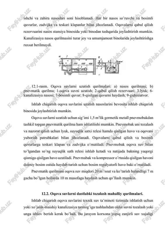 n jihozlanadi. oqovalarni qabul qilish rezervuarini nasos stansiya binosida yoki binodan tashqarida joylashtirish mumkin. kanalizasiya nasos qurilmasini turar joy va umumjamoat binolarida joylashtirishga ruxsat berilmaydi. 12.1-rasm. oqova suvlarni uzatish qurilmalari: a) nasos qurilmasi; b) pnevmatik qurilma; 1-oqova suvni uzatish; 2-qabul qilish rezervuari; 3-lyuk; 6-kanalizasiya nasosi; 7-bosimli quvur; 8-qisilgan quvurni haydash; 9-gidrozatvor. ishlab chiqarish oqova suvlarini uzatish nasoslarini bevosita ishlab chiqarish binosida joylashtirish mumkin. oqova suvlarni uzatish uchun sig’imi 1,5 m3lik germetik metall pnevmobakdan tashkil topgan pnevmatik qurilma ham ishlatilishi mumkin. pnevmobak uni tozalash va nazorat qilish uchun lyuk, suyuqlik satxi relesi hamda qisilgan havo va oqovani yuborish patrubkalari bilan jihozlanadi. oqovalarni qabul qilish va bosimli quvurlarga teskari klapan va zadvijka o’rnatiladi. pnevmobak oqova suv bilan to’lgandan so’ng suyuqlik sath relesi ishlab ketadi va natijada bakning yuqorgi qismiga qisilgan havo uzatiladi. pnevmabak va kompressor o’rtasida qisilgan havoni doimiy bosim ostida haydab turish uchun bosim regulyatorli havo baki o’rnatiladi. pnevmatik qurilmani oqova …