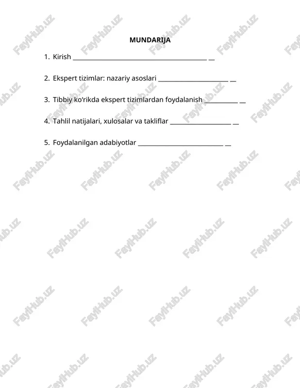 y ma’lumotlar asosida avtomatik tarzda yangilanadi. shuningdek, ekspert tizimlari tibbiyot sohasida aniq qarorlar qabul qilishda xatoliklar va noaniqliklarni kamaytirishga yordam beradi. bu tizimlarning samaradorligi, ayniqsa, resurslar cheklangan sharoitda — masalan, rivojlanayotgan mamlakatlar va kichik tibbiy muassasalarda — juda yuqori bo‘lishi mumkin. bundan tashqari, ekspert tizimlari orqali bemorlar bilan ishlashdagi inson omiliga bog‘liq xatoliklar kamayadi va barcha qarorlar ilmiy asoslangan bilimlarga tayangan holda qabul qilinadi. shu nuqtada, ushbu ishda ekspert tizimlarining tibbiy ko‘rik natijalarini avtomatlashtirishdagi roli va imkoniyatlari tahlil qilinadi. bunda ekspert tizimlarining tibbiyotda qo‘llanilishi, ularning o‘ziga xos xususiyatlari va afzalliklari, shuningdek, tizimning samaradorligini oshirish uchun amalga oshirilishi mumkin bo‘lgan takliflar ko‘rib chiqiladi. bundan tashqari, tibbiy ekspert tizimlarining amaliyotga joriy etilishi nafaqat tibbiyot sohasini rivojlantiradi, balki tibbiy xizmatlarni takomillashtirish va bemorlar uchun yaxshiroq xizmat ko‘rsatishni ta’minlash imkoniyatlarini yaratadi. shifokorlarning bilimlari va ko‘nikmalariga tayanib ishlash bilan birga, yangi texnologiyalarni joriy etish tibbiy sohaning kelajagini belgilashda muhim rol o‘ynaydi. ekspert tizimlar: nazariy asoslari: …