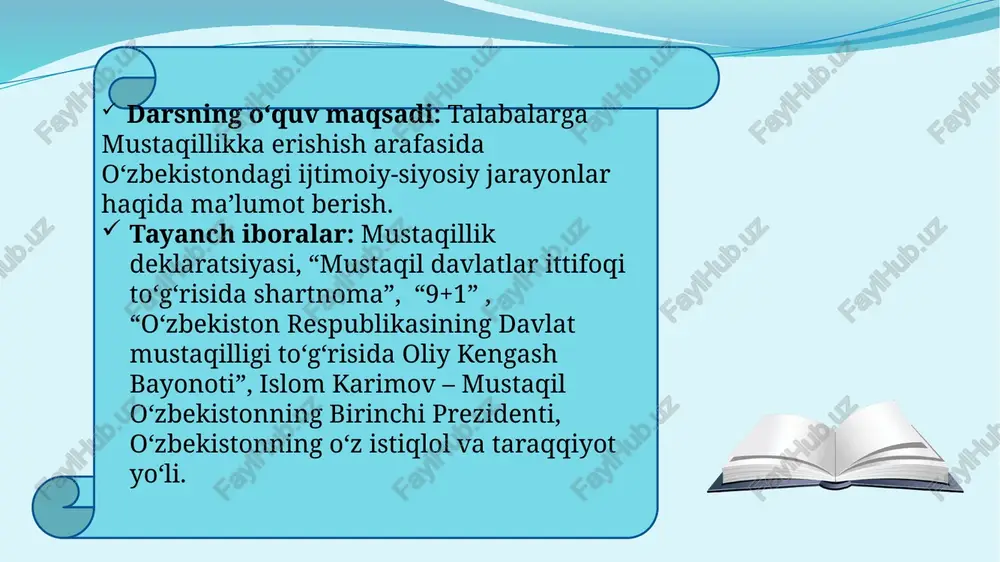 opgan boy an’analari, xar bir millatning o’z taqdirini o’zi belgilash huquqini taminlashdan iborat oliy maqsad haqi, har bir kishining farovon hayot kechirishini ta’minlashni oliy maqsad deb bilgan holda, o’zbekiston xalqining kelajagi uchun tarixiy mas’uliyatni chuqur his etgan holda, xalqaro huquq qoidalariga, umumbashariy qadriyatlarga va demokratiya prinsplariga asoslanib, o’zbekiston sovet sotsialistik respublikasining davlat mustaqilligini e’lon qiladi mustaqillik deklaratsiyasining qabul qilinishi mamlakatimizning tom ma’nodagi, haqiqiy mustaqillikka erishish yo‘lida muhim ahamiyatga ega bo‘ldi. shundan e’tiboran mamlakatimizning siyosiy, iqtisodiy va ma’naviy hayotiga doir masalalar mustaqil tarzda hal etila boshlandi. o‘zbekistonning mustaqillik sari intilayotgani uning yangi ittifoq shartnomasini ishlab chiqish jara-yoniga respublika manfaati nuqtayi nazaridan kelib chiqqan holda, qat’iylik bilan yondashayotganida yaqqol namoyon bo‘ldi. 1991 yil aprelda kiyevda ukraina, rossiya, belarus, o‘zbekiston, qozog‘iston respublikalari rahbarlarining uchrashuvi bo‘ldi. uchrashuvda mustaqil respublikalar manfaatlariga mos keladigan ittifoq shartnomasini tuzishga yondashish yo‘llari ishlab chiqildi va tegishli bayonot imzolandi. bu hujjatni qirg‘iziston, tojikiston, turkmaniston respublikalari ham imzolashga rozilik bildirdi. markaz …