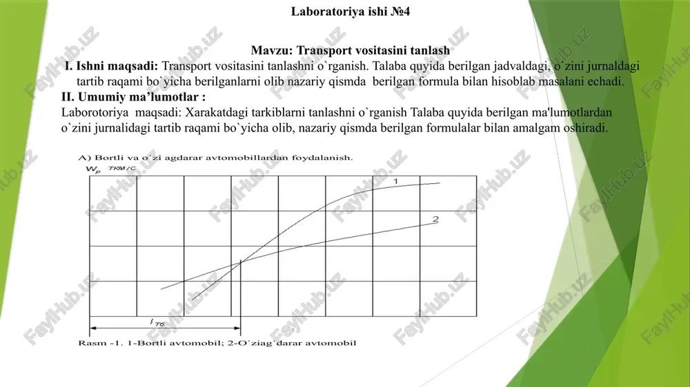 imi avtomobilnimi perevozkami. m.: “akademiya”, 2010. e’tiboringiz uchun rahmat! image1.png image2.emf image3.emf image4.emf _________microsoft_word1.docx image5.emf image6.jpeg image7.jpeg “yer usti transport tizimlari” kafedrasi a) bortli va o`zi agdarar avtomobillardan foydalanish. rasm -1. 1-bortli avtomobil; 2-o`ziag`darar avtomobil v-nt 1 2 3 4 5 6 7 8 9 10 11 12 13 14 l yuk 16 18 20 22 24 26 28 30 32 34 36 38 40 42 v t 23 24 25 26 23 24 25 26 25 24 23 22 21 24 β e 0,5 0,52 0,54 0,48 0,49 0,48 0,52 0,53 0,54 0,5 0,48 0,44 0,46 0,51 v-nt 17 18 19 20 21 22 23 24 25 26 27 28 29 30 l yuk 48 50 52 54 17 19 21 23 25 27 29 31 33 35 v t 24 25 26 24 23 24 25 24 23 25 24 22 23 25 β e 0,48 0,52 0,54 …