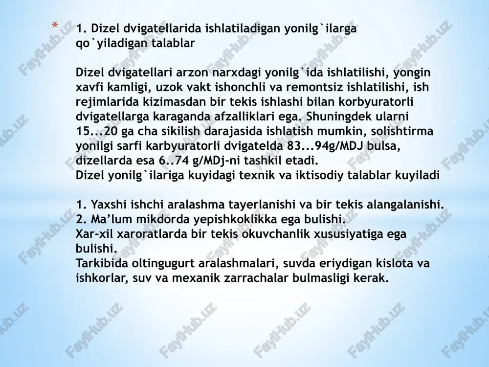 forsunka; 5-yonish kamerasi; 6-glushitel; 7-kuyish ogizi; 8-bak; 9-dagal tozalagich; 10-pompa; 11-nasos yonilg`i tindirilgach, yonilg`i baki 8 ga urnatilgan mayda setka 7 dan kuyiladi. bakdan surish pompasi yordamida yonilg`i dastavval dagal tozalagich filtr 9 ga keyin mayin tozalash filtri 1 ga utib, kaytadan mayda mexanik zarrachalar va asfalt-smola moddalaridan tozalanadi. filtrlangan yonilg`i yonilgi nasosi 2 ga tushadi va katta bosim ostida trubalar 3 orkali forsunkalar 4 ga suriladi. forsunkalar ma’lum yonish burchagi va bosim ostida yonilg`ini mayda 0,003…0,150 mm li tomchilar kurinishida silindrlarning sikilgan xavo yigilgan yonish kamerasi 5 ga purkaydi. xavo, silindrlarga xavo tozalagich 2 orkali mexanik zarrachalardan tozalangan xolda beriladi. turt taktli dizel dvigatellarida ishchi jarayon shunday utadiki, birinchi taktda (surish taktida) silindrga yaxshi tozalangan xavo kirib ikkinchi taktda (sikish taktida) sikiladi. u vaktda ishchi kameradagi bosim 3,4…4,4 mpa ga, xarorat esa 6000…9000 s gacha kutariladi. porshen yukori chetki nuktaga yetib kelishidan oldin tirsakli valni 140…2800 burilishida sikilgan xavoli …
