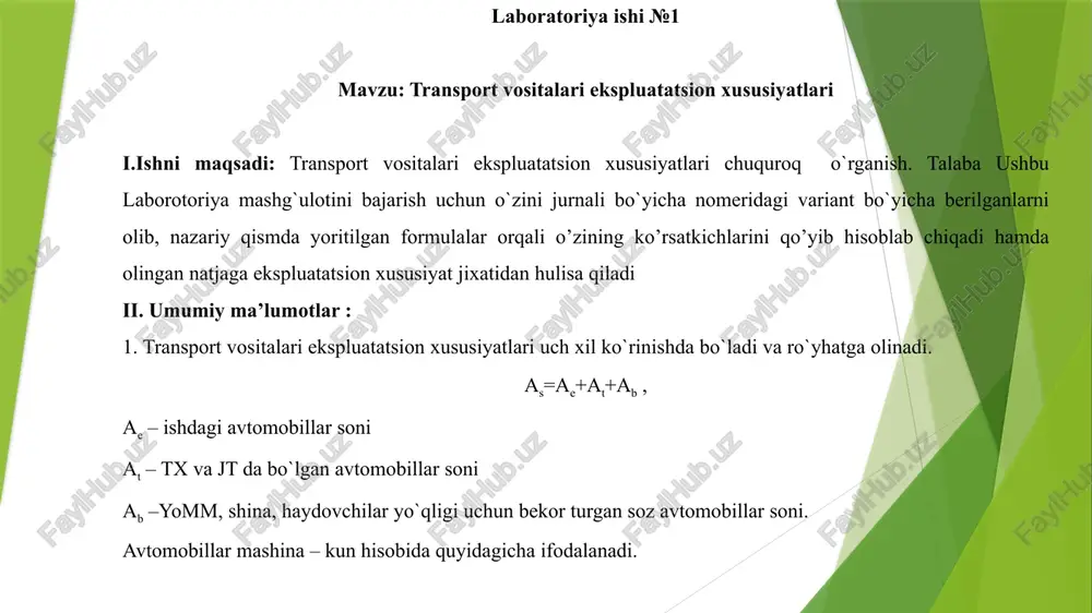 chun topshiriqlar 1-5 variantlarga saroydagi 5 ta avtomobilni saroyda bo`lgan kunlari jadvalda berilgan. αi –saroydan foydalanish va αt – saroyni texnik tayyorgarlik koeffitsientlari aniqlansin. 6-10 variantlarga agar saroydagi avtomobil-kunlar 1-6400, 2-6800, 3-6900, 4-7000, 5-7100 larga teng. ta'mirdagi kunlar. 1-650, 2-642, 3-450, 4-548, 5-602. bekor turgan kunlar 1-50, 2-35, 3-22, 4-32, 5-34 bo`lsa αi – saroydan foydalanish koeffitsienti, αt – lar hisoblansin. iv. ishni bajarish tartibi: 1.talaba jurnaldagi tartib raqam bo`yicha o`zini variant topshirig’ini oladi. 2. talaba nazariy qismdagi ma’lumotlarni o`rganib chiqadi. 3. talaba o`z variantidagi topshiriq talablarini bajaradi. oylar 1 2 3 4 5 6 7 8 9 10 11 12 adt 1800 1600 1700 1650 1400 1480 1525 1500 1515 1480 1380 1420 adb 600 525 550 500 450 420 515 480 501 248 402 385 atn 33480 36038 38025 34021 39210 35241 33241 34000 33141 37161 34101 36140 № 29 №30 nqr71 pl–100 ta (qn=3,7 t) nqr71 pl–70 …