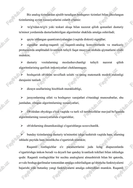 kabligi, · jarayonlarning sifati va boshqaruv xarajatlari o'rtasidagi munosabatlar, shu jumladan, olingan algoritmlarning xususiyatlari, · ob'ektdan obyektga o'tish vaqtida va turli xil tartibsizliklar mavjud bo'lganida algoritmlarning xususiyatlarida o'zgarishlar, · ob'ektlarning dinamikasidagi o'zgarishlarga sezuvchanlik. · bunday tizimlarning dasturiy ta'minotini ishga tushirish vaqtida ham, ularning ishlashi paytida ham osonlikcha o'zgartirish mumkin; raqamli rostlagichlar o'z parametrlarini juda keng diapazonlarda o'zgartirishga imkon beradi va deyarli har qanday kvantlash tsikllari bilan ishlashga qodir. raqamli rostlagichlar bir nechta analoglarni almashtirish bilan bir qatorda, avvalo boshqa qurilmalar tomonidan amalga oshiriladigan qo'shimcha funktsiyalarni bajarishi yoki butunlay yangi funktsiyalarni amalga oshirishlari mumkin. raqamli rostlagichlar asosida har qanday turdagi boshqarish tizimlari, jumladan, ketma-ketlikdagi tizimlar, o'zaro bog'liqliklarga ega bo'lgan ko'p o'lchovli tizimlar, to'g'ridan-to'g'ri bog'langan tizimlar. kuchli boshqaruv kompyuterlari va zarur matematik dasturiy ta'minotni yaratilishi natijasida ob'ektlarni boshqarish uchun ulardan foydalanish sezilarli darajada kengaydi. bugungi kunda raqamli kompyuterlar avtomatlashtirilgan boshqaruv tizimlarining ajralmas qismi bo'lib, keng ko'lamdagi vazifalarni hal qilishga imkon beradi. shuning …