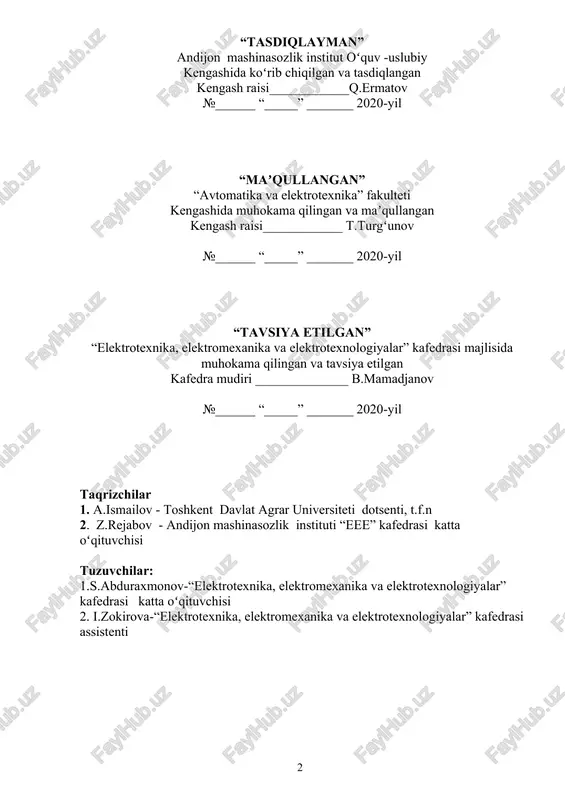 ................... 12 7 asosiy qism..................................................................................................... 12 8 chizmalarni tahminiy roʻyxati....................................................................... 13 9 elektr tarmoqlari boʻyicha....................................................................... 13 10 sex ichki elektr taʼminoti................................................................................ 13 11 elektr podstantsiyalari..................................................................................... 13 12 xulosa............................................................................................................. 14 13 foydalanilgan adabiyotlar roʻyxati.................................................................. 14 14 ilova................................................................................................................. 14 15 tushuntirish xatini yozish tartibi..................................................................... 14 16 tushuntirish xatini bajarishga qoʻyiladigan talablar..................................... 15 17 foydalanilgan manbalar roʻyxatini va ilovani rasmiylashtirish....................... 16 18 grafik hujjatlarni rasmiylashtirish................................................................... 17 19 diplom loyihasini ishni ko`rib chiqish............................................................ 17 20 diplom loyiha ishga taqriz yozish................................................................... 18 21 diplom loyiha ishni himoya qilish.................................................................. 19 22 diplom loyiha ishini baholash mezoni.......................................................... 20 23 2-bob. elektr podstantsiyalarni hisoblash........................................... 21 24 elektr yuklamalarni hisoblash........................................................................ 21 25 podstantsiyaning umumiy quvvatini tanlash