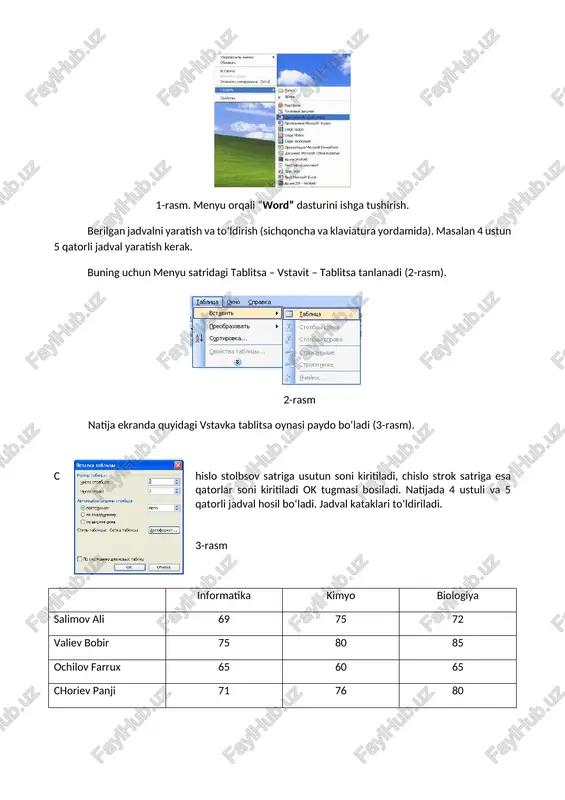 al hosil bo‘ladi. jadval kataklari to‘ldiriladi. 3-rasm informatika kimyo biologiya salimov ali 69 75 72 valiev bobir 75 80 85 ochilov farrux 65 60 65 choriev panji 71 76 80 ustun, qatorlarni qo‘shish va o‘chirish (sichqoncha va klaviatura yordamida). sichqoncha yordamida: ustun, qatorlarni qo‘shish va o‘chirish uchun kursor kerakli joyga qo‘yiladi. tablitsa menyusidagi vtavit punktidagi kerak buyruq mos ravishda tanlanadi (4-rasm). 4-rasm kursorni vaziyatiga qarab ustun qo‘shish uchun stolbsi sleva yoki sprava tanlanadi. qator qo‘shish uchun esa stroki vishe yoki nije tanlanadi. o‘chirish uchun esa kursor kerakli ustun yoki qatorga qo‘yiladi. tablitsa – udalit menyusidan stolbsi yoki stroki buyruqlari tanlanadi (5-rasm). 5-rasm. klaviaturada: klaviatura yordamida ustun va qatorlar ustida ishlash uchun «alt» tugmachasi bir marta bosib qo‘yiladi. yo‘naltiruvchi tugmachalar yordamida tablitsa punkti tanlanib, yo‘naltiruvchi tugmachalar yordamida kerakli buyruq tanlanadi, bajarish uchun «enter» bosiladi. ustun va qatorlarning o‘rnini almashtirish. (sichqoncha, klaviatura yordamida). sichqoncha yordamida: a) kerakli ustun yoki qator belgilanadi. sichqoncha …