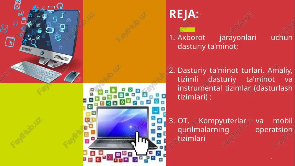 ishini bevosita ta'minlaydigan amaliy dasturlar ; bajaradigan tizim dasturlari , masalan: kompyuter resurslarini boshqarish; foydalanilgan ma'lumotlarning nusxalarini yaratish; kompyuter qurilmalarining sog'lig'ini tekshirish; kompyuter haqida ma'lumotnoma ma'lumotlarini berish va boshqalar; kompyuter uchun yangi dasturlar yaratish jarayonini osonlashtiradigan instrumental dasturiy ta'minot tizimlari . amaliy dastur ma'lum bir muammoli sohadagi muammoni hal qilishga hissa qo'shadigan har qanday maxsus dastur. integratsiyalashgan dasturiy paketlar; office, adobe, corel , autodesk dinamik elektron jadvallar; kompyuter grafik tizimlari; ma'lumotlar bazasini boshqarish tizimlari (dbms); matn muharrirlari va protsessorlari amaliy dasturlarga quyidagilar kiradi: brauzerlar multimedia dasturlari case-texnologiya - murakkab dasturiy ta'minot tizimlarini tahlil qilish, loyihalash, ishlab chiqish va texnik xizmat ko'rsatishning butun texnologik jarayonini avtomatlashtiradigan dasturiy ta'minot majmuasi (qo'shma (jamoa) ish) dasturiy ta'minotni ishlab chiqishning boshida tizim tahlili o'tkaziladi bu uning dastlabki dizayn tahlili dizayn talablarini o'rnatish instrumental dasturiy ta'minot tizimlari mavjud dasturlarning imkoniyatlarini kengaytirish tizimli dasturlash muayyan dasturlash tilida yangi dasturlar ishlab chiqishga xizmat qiladi masalan , paskal, basic. …
