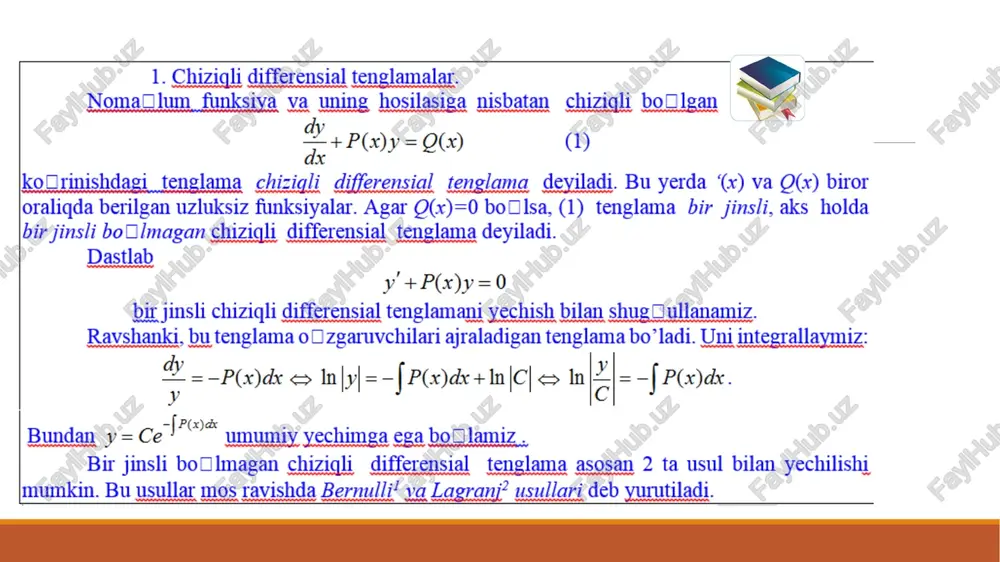 nglama bernulli tenglamasi deb yuritiladi z=}, almashtisish yordamida bemulli tenglamasi chiziglitenglamaga keltiishini kocirsatamiz. y buning uchun (5) tenglamaning ikkala tarafini y* ga boulamiz. _@-by' y ni inobatga olib, z ga nisbatan chiziqli tenglamaga ega bollamiz. +p2=q, 2'-(n-)pe=-n-dq nl misol. 2y'+y=y"inx bemulli tenglamasini yeching. yechish. tenglamaning ikkala qismini y* ga bodilib, =z deb olamiz, u holda y ni + bilan almashtisib, berilgan tenglamaning y=——! _ umumiy yechimini hosil qilamiz ’ inx+1+cx 1 inx+1+cx javob: y= to'lig differensialli tenglama. agar ‘cevade+ ogy)dy=0 red) tenglamaning cha’ tomonini birorta u(x,y) funksiyaning touliq differensiali, yani ‘cv oy) dy=dugy) q bollsa, (1) tenglama tollig differensialli tenglama deyiladi bu holda uni du(;3)=0 kodrinishda yozish mumkin va bu yerdan u(x,y)=c umumiy integralga ega bollamiz. pcy) opc.¥) bu yerda (cy) va (cy) funksiyalar d sohada aniglangan va uzluksiz boulib, uztuksiz xususiy hosilalargaega bulishi talab qilinadi u holda ushbu ‘@y)dx+qlcy)dy differensial ifoda birorta u(y) funksiyaning tolliq differensiali bollishi uchun d …