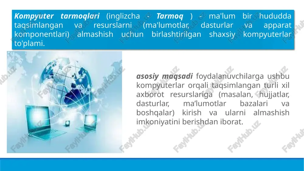rini o'z ichiga olishi mumkin va bitta aloqa liniyasidan bir nechta kanallar foydalanishi mumkin. tarmoqqa ulangan kompyuterlar ikkita funktsiyani bajarishi mumkin: ular ish stantsiyalari yoki serverlar bo'lishi mumkin. ish stantsiyasi - bu tarmoqdagi server bo'lmagan har qanday ishlaydigan kompyuter, qoida tariqasida, foydalanuvchilar ularning orqasida ishlaydi. serverlar butun tarmoqni boshqaradigan va ish stantsiyasining barcha ma'lumotlarini saqlaydigan kompyuterlardir. serverlar avtomatik rejimda ishlashi mumkin - ular klaviaturasiz va ba'zan hatto monitorsiz ham turishadi, lekin har qanday holatda ham serverlar tarmoqni boshqarish va ma'lumotlarni kontsentratsiyalash funktsiyalarini bajaradi. tarmoq administratori - mas'uliyati tarmoqni o'rnatish va ishlatish bilan bog'liq barcha masalalarni, shuningdek, tarmoq foydalanuvchilarining huquq va imkoniyatlari bilan bog'liq barcha muammolarni hal qilishni o'z ichiga olgan shaxs. muhim xususiyati uning qamrab olgan hududining kengligidir. qoplash kengligi tarmoqni tashkil etuvchi kompyuterlarning o'zaro uzoqligi bilan belgilanadi va shuning uchun tarmoqni qurishda tanlangan texnologik echimlarga ta'sir qiladi. mavjud tarmoqlar hozirda birinchi navbatda hududiy asosda bo'lingan. 1. lokal tarmoqlar (lan …