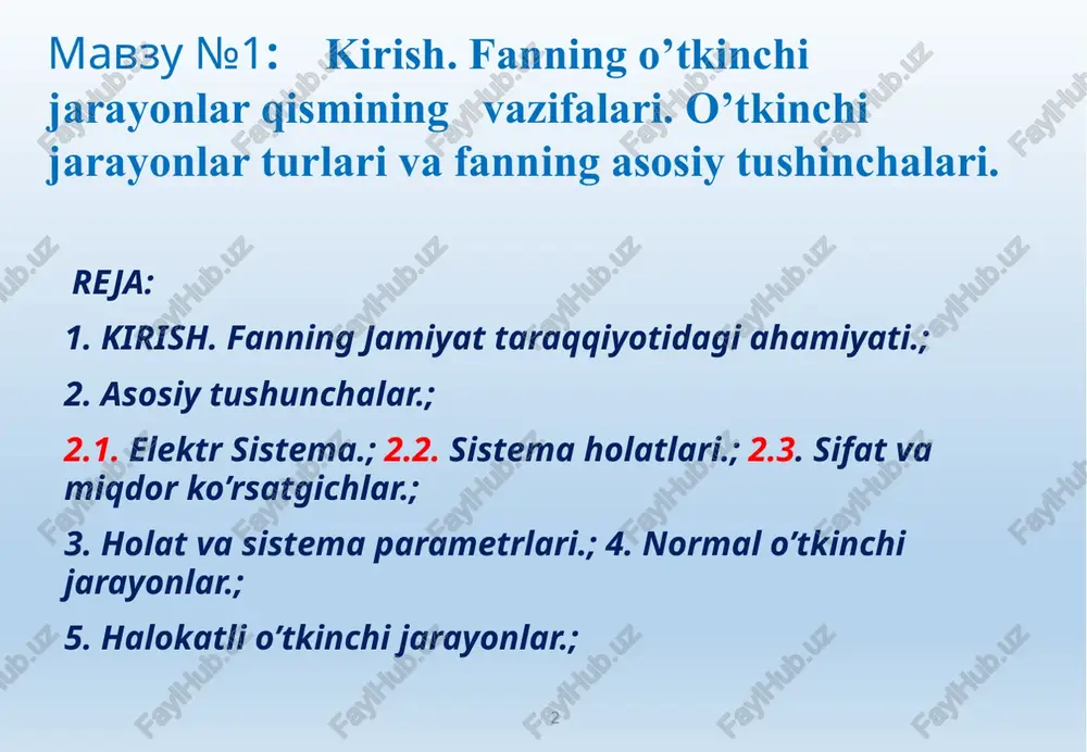 aza burchagi. (1) formuladan ko'rinib turibdiki, aktiv quvvatni tok yoki kuchlanishni oshirish hisobiga oshirish mumkin: tokning oshishi isrofni uning kvadratiga proportsional tarzda oshishiga olib keladi: (2) 4 mavzu №1: bu erda r – bitta fazaning aktiv qarshiligi. kuchlanishning oshishi o'z navbatida tokning kamayishiga va material ishlatilishining kamayishiga olib keladi, chunki o'tkazgichning ko'ndalang kesim yuzasi quyidagi munosabatdan topiladi: (3) bu erda p- uzatilayotgan quvvat;  - o'tkazgichning uzunligi; a – materialning solishtirma o'tkazuvchanligi; u – kuchlanish isrofi,%; u – kuchlanish. 5 mavzu №1: tutashtiruvchi liniyalarning o'tkazish qobiliyati birinchi navbatda elektr sistemalari va elektr stantsiyalari sinxron generatorlarining parallel ishlashlarining turg'unlik sharti bilan belgilanadi. zamonaviy elektr stantsiyalari generatorlarining quvvatlari solishtirib bo'lmaydigan darajada oshdi: ularning maksimal qiymatlari 1200 mvt ga etdi, ikki qutbli generatorlarda – 3000 ayl/min (rossiya) va 1600 mvt, to'rt qutbli generatorlarda – 1500 ayl/min (germaniya). o'zbekistonda tollimarjon iesida 800 mvtli generator – markaziy osiyoda eng katta o'rnatilgan quvvvatli ikki qutbli sinxron …