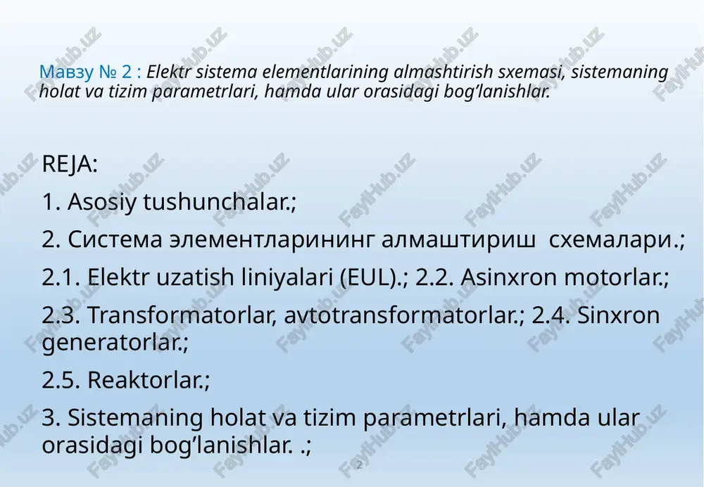 q vaqt ishlatilishi sababli, izolyatsiyani ko’yishi, izolyatsiya elektr xususiyatlari yomonlashuvi; - izolyatsiyani nam tortib qolishi; - havo liniyalari simlarida turli xil buzilishlar; - hayvonlar va qushlar tomonidan fazalarni bir-biriga bog'lab qo’yish; - atmosferadagi turli uzgarishlar sababli (yashin, chaqmoq urishi); - xodimlarning noto'g'ri harakatlari. 5 mavzu № 2 : qisqa tutashuv – sodir bo’lgan rejimga qarab ikki turga bo’linadi; 1- simmetrik k(3), simmetrik qt sharoitida barcha fazalarda regim va sistema parametrlari bir xil sharotda bo’ladi, yani ularga ta’sir etuvchi elektromagnit kuchlar bir xil ta’sir etadi. 2- nosimmetrik k(2) , k(1) , k(1,1), no-simmetrik qt sharoitida barcha fazalarda regim va sistema parametrlari har xil sharotda bo’ladi, yani ularga ta’sir etuvchi elektromagnit kuchlar har xil ta’sir etadi. endi almashtirish sxemalari to'g'risida ma'lumotlarni ko'rib chiqamiz: elektr sistemalari va elementlaridagi elektromexanik o'tkinchi jarayonlarni ifodalovchi differentsial va algebraik tenglamalar sistemasi quyidagi ko'rinishda bo'ladi: (1) 6 mavzu № 2 : - bu erda xj – sistemaning holat …