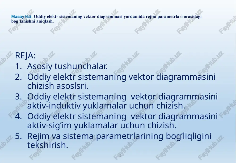 ga xs=xl+xt va re =rt +rl ni hisobga olib, sistemaning aktiv va induktiv qarshiliklaridagi kuchlanish tushuvlarini qo'shsak, u holda eul oxiridagi u kuchlanishni topamiz. 15 mavzu №5: quyida vektor diagramma qurishni soddalashtirish uchun aktiv qarshilikni hisobga olmaymiz. ushbu munosabat to'g'ri hisoblanadi: berilgan p, q, u lar asosida faza burchagi  ni aniqlab, so'ngra sistema kuchlanishi qiymatini mos masshtabda qo'yamiz va uni aktiv va reaktiv tashkil etuvchilarga ajratib, eq, e’, ug va boshqa vektorlarni topamiz. shuni nazarda tutish kerakki, u va eq vektorlari orasidagi burchak δ ( δ < (u^eq) sakrab o'zgara olmaydi, chunki u rotor bilan bog'langan va shuning uchun sistemaning elektromexanik holatini xarakterlovchi asosiy parametr hisoblanadi, yani sistemaning va generatorning turg'unligini belgilaydi, δc - < (ug ^ u ) , δg - < (ug ^ eq) , δ` - < ( u ^ e` ) - burchaklar esa sakrab o'zgarishlari mumkin va ular faqat mashinaning elektromagnit holatini belgilaydi. 16 …