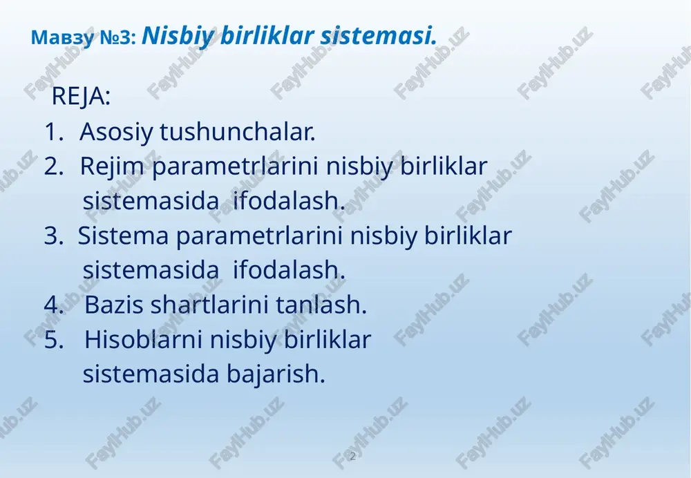 radi. sistema parametrlari umumiy holda nochiziqlidir. lekin ushbu kursni o'rganishda biz ularni o'zgarmas kattaliklar deb qabul qilamiz. 4 mavzu №3: - joriy va amplituda qiymatlari bir xil son bilan ifodalanadi, va shuning uchun joriy va amplituda qiymatlarini maxsus belgilashga ehtiyoj yo'q; agar biz tok, kuchlanish, quvvat va qarshilikni ko'rayotgan bo'lsak, nisbiy birliklar sistemasida ulardan ikkitasi tanlanadi, qolgani esa ular yordamida topiladi. masalan: bu erda ul , il – liniya kuchlanishi va toki. odatda faza toki ga oshiriladi va quyidagicha yoziladi: agar qarshilik omda berilgan bo'lsa, u qanday qilib nisbiy birlikka o'tkaziladi? formula yordamida o'tkaziladi. 5 mavzu №3: sistemani hisoblash uchun barcha qarshilik va kuchlanishlarni bir xil – bazis deb qabul qilingan kuchlanish pog'onasiga keltirish kerak: - bu erda k- transformatsiya koeffitsienti. nisbiy birlikda: bir necha kuchlanishlar pog'onasi bo'lgan holda keltirish formulasi quyidagi ko'rinishda bo'ladi: 6 mavzu №3: bu erda kti (i=1,2,….n) transformatorlarning ko'rilayotgan element bilan tarmoqning keltirilayotgan kuchlanish pog'onasi orasidagi …