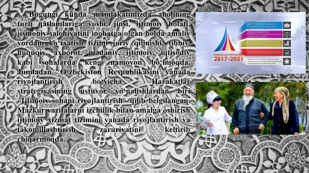 iy xizmat ko‘rsatish amaliyoti turli shakllarda umumlashtirilib, institutsional mazmun kasb etadi. turli davrlardagi hashar amir temur davrida ijtimoiy xizmat ko‘rsatish davlat darajasida amal qilgan bo‘lib «faqiru miskin, biron kasb qilishga ojiz shol-ko‘rlarga nafaqa belgilangan». tarixiy manbalarda amir temur tomonidan «turlik-turlik xayru ehsonlar qilinib, sinf-sinf sadaqalar mustahiklarga yetkazilib, faqir va miskinlarga bisyor obu osh bergan»ligi keltirilgan. shu tarzdagi faoliyatning natijasida, ijtimoiy xizmat tizimi ma’lum vaqt o‘tishi bilan jamiyat ijtimoiy taraqqiyotida muhim hisoblangan alohida mustaqil sohaga aylanadi. mutafakkir adib alisher navoiy saxovat va himmatni insoniyat bog‘ining hosildor daraxti, u daraxtning foydali mevasi deb ataydi. u bunda mutlaqo mubolag‘a qilmaydi. darhaqiqat, insonlar o‘rtasidagi munosabatlarda saxovatlilik, himmatlilik singari oliyjanob xislatlar yo‘qolgan kuni bu hayot daraxti qaqrab qurimog‘i turgan gap. navoiy oliyhimmat kishilarni balandparvoz lochinga, behimmat kimsalarni esa sichqon ovlovchi kalxatga o‘xshatishi bejiz emas. bunga qo‘shimcha, chinakam saxovatli va himmatli kishilarga minnat degan qusur mutlaqo yotdir. o‘zbek xalqi azal-azaldan bag‘rikeng, serhimmat, saxovatli xalq. shuning uchun …