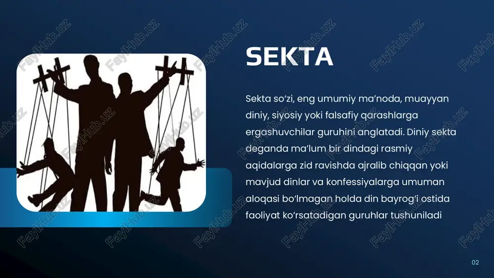 sektalardan biridir (uning mablag‘i 2 milliard dollar, yillik daromadi 500 million dollar). «shohidlar» dunyodagi eng boy sektalardan biridir. bruklinda bu sektaga qarashli o‘nlab binolar mavjud. yevropada bu sektani bejiz diniy emas, tijorat tashkiloti deb atamaydilar. masalan, 1999 yilda fransiyada ular bir necha yillik faoliyati uchun 50 million dollar soliqqa tortilishgan biznes 06 germaniya maxfiy politsiyasi 1994 yildan buyon sayentologiya cherkovini o‘z nazorati ostiga olgan. 1996 yilda lion sudida ushbu shahar sayentologiya cherkovi rahbari va uning yordamchilari odamlarni o‘z-o‘ziga suiqasd qilishga majbulash, tovlamachilik va moliyaviy firibgarlikda ayblanib hibsga olinishgan. ugandadagi “oxirat kuni” sektasi boshliqlarining faoliyati bunga misol bo‘la oladi. oxiratni 1999 yilning 31 dekabriga “belgilagan” ushbu sekta rahbarlari o‘z tarafdorlarini mol-mulklarini sotish, tushgan mablag‘ni ularga berishga va shu yo‘l bilan gunohlardan forig‘ bo‘lishga chaqirgan. qiyomatning 2001 yil 1 yanvarga “ko‘chirilishi” sekta rahbarlariga nisbatan shubha uyg‘onishiga olib kelgan. shundan so‘ng rahbarlar kanungu qishlog‘ida 500 dan ortiq o‘z tarafdorlarini aldab bir joyga to‘plab, …