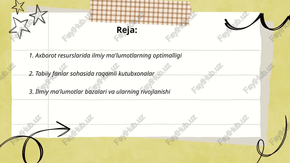 ing natijasida, tabiiy fanlar sohasidagi axborotga kirish imkoniyati kengaydi. ... t.me/slaydai_bot tabiy fanlar sohasida ilmiy ma'lumotlar bazalari ilmiy tadqiqotlar va yangiliklarni tarqatishda muhim rol o'ynaydi. ilmiy axborot resurslarining rivoji onlayn arxivlar, masalan, pubmed va arxiv orqali sodir bo'lmoqda. so'nggi yillarda ilmiy ma'lumotlar hajmi ko'payib, ularni samarali boshqarish zaruriyati tug'ilmoqda. ochiq ma'lumotlar siyosatlari va raqamli texnologiyalar bu o'sishga turtki bermoqda. aloqa va axborot texnologiyalari rivojlanishi ilmiy axborotlarni yanada tezkor va kengroq miqyosda tarqatish imkoniyatini yaratmoqda. tadqiqotchilar ularning dolzarbligi va sifatini ta'minlash uchun rivojlanayotgan vositalardan foydalanishni talab qilmoqdalar. ... t.me/slaydai_bot 4. tabiiy fanlarda ma'lumotlarni tahlil qilish usullari tabiiy fanlarda ma'lumotlarni tahlil qilish usullari muhim ahamiyatga ega, chunki ular ilmiy axborot resurslarining rivojlanishi va dolzarbligini ta'minlaydi. statistik metodlar, masalan, dispersiya va kovariatsiya tahlili, biologik va ekologik ma'lumotlarni chuqur tushunishni osonlashtiradi. masalan, bioinformatika sohasida dna sekvenslarini tahlil qilish yuqori darajali algoritmlar va ma'lumotlar bazalarini o'z ichiga oladi. klimatologiyada esa zamonaviy kompyuter modellashtirish usullari orqali …
