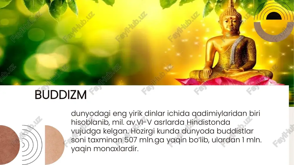 rda ismlari ko‘rsatilgan bo‘lib, siddxarxtxa-shaxsiy ism, gautama- urug‘ nomi, shakyamuni-shakya qabilasidan chiqqan donishmand, budda –nurlangan, tadxagata-shunday qilib, shunday ketgan, djina-g‘olib, bxagavan-tantana qiluvchi. ular ichida eng mashhuri “budda” bo‘lib, shundan ushbu dinga buddaviylik nomi berilgan. about us ko‘p yillik zohidlik va o‘z o‘zini azoblashdagn keyin u inson hayotining fundamental masalalari yuzasidan xali ham ilgarigidek baribir to‘la g‘aflatda ekanini sezgan. shuning uchun o‘z o‘zini azoblash amaliyotidan voz kechib an’anaviy mushohadaga qaytishga qaror qilgan birmuncha vaqt changalzor o‘rmonlarda kezib horib charchagach, bir daraxtning tagida dam olish uchun o‘tiradi, va o‘zicha, to haqiqatni topmaguncha shu yerdan turmaslikka qaror qiladi. biroz vaqtdan keyin gautamaning ongi tiniqlashib ketgan va bu savollarga javob beradigan bilimni egallaydi bu o‘tirishning 49 kuni uning qalbidan «sen haqiqatni topding» degan sado keladi. shu paytda uning ko‘z oldida butun borliq namoyon bo‘ladi. u hamma joyda shoshilish, qayoqqadir intilishni ko‘radi: hech bir joyda osudalik yo‘q edi. hayot nihoyasiz uzoqlikni ko‘zlab o‘tib ketayotgan edi. …