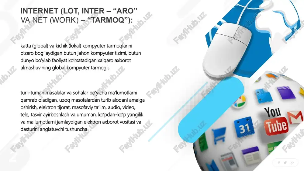 i mavjud mobil telefonlar; onlayn pultli o‘yinlar; video qurilmalar; tarmoqdan tashqarida foydalanish imkonini beruvchi dasturiy ta’minotlar kibermakonda diniy jarayonlar ko‘rinishlari quyidagi shakllarda namoyon bo‘ladi: muloqot, ma’lumot, ta’lim, tajriba, amaliyot, missionerlik, marketing, shifo va boshqalar 5 ijtimoiy tarmoqlar dunyodagi eng ko‘p ishlatiladigan ijtimoiy tarmoq hali ham facebook bo‘lib, uning aktiv foydalanuvchilari salkam 3 milliard’ni tashkil qiladi. undan keyingi ikkinchi o‘rinni esa, google'ning youtube video platformasi 2,476 milliard aktiv foydalanuvchilar egallagan bo‘lsa, top uchlik 2 milliard aktiv foydalanuvchilarga ega whatsapp bilan yakunlanadi statistikaga ko‘ra, dunyo aholisining 59 foizi yoxud 4.7 milliard odamlar ijtimoiy tarmoqlardan foydalanishadi va ushbu raqamlar yiliga 5.1% yoki 227 millionga oshib bormoqda. garchi facebook eng ko‘p aktiv odamlarga ega bo‘lsa ham, foydalanuvchilar unga ko‘p vaqt sarflashmaydi. tiktok va youtube foydalanuvchilari umumiy hisobda oyiga salkam bir kunlarini (23.6/23.2 soat) shu platformalarga sarflashadi internet foydalanuvchilari to’g’risida internet foydalanuvchilari soni 6,1 mlrd.ni yoki sayyoramiz aholisning 75,3 foizini tashkil etdi kuniga o‘rtacha 95 …