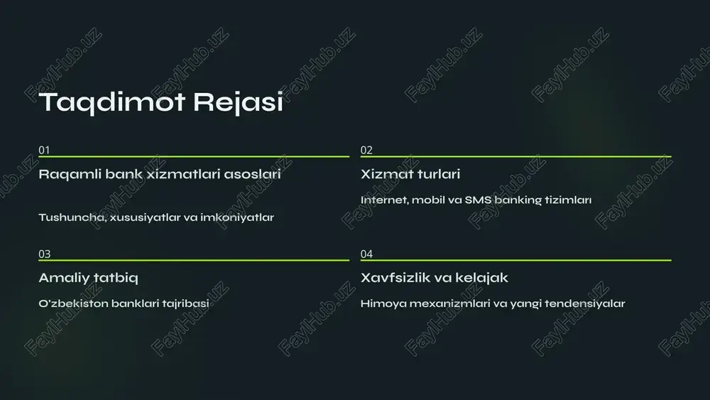kuzatish. internet bankingning afzalliklari oson kirish bank saytiga istalgan veb-brauzer orqali kirish – maxsus dasturlar o'rnatish shart emas. tez tranzaksiyalar to'lovlarni bir necha soniya ichida tez va oson bajarish, navbat kutishsiz. doimiy nazorat hisobvaraqlardagi mablag'larni 24/7 doimiy nazorat qilish va harakatlarga tezkor javob berish. mobil banking: bank siz bilan har qayerda mobil imkoniyatlar internet banking texnologiyasi asosida yaratilgan qulayroq va mobil versiya. mobil ilovalar orqali kartadan kartaga pul o'tkazish (p2p) soliq, kommunal va boshqa to'lovlarni bir lahzada amalga oshirish qr-kod orqali to'lovlar va do'konlarda xarid qilish valyuta kurslari va investitsiya imkoniyatlari sms banking: oddiy va tez axborot tezkor xabarlar hisobvaraqdagi har qanday operatsiya haqida sms orqali darhol ma'lumot olish. moliyaviy nazorat hisob balansi, kelib tushgan va ketgan mablag'lar haqida tezkor xabarlar – har doim xabardor bo'ling. xavfsizlik ogohlantirish shubhali operatsiyalar yoki kartadan foydalanish holatlari haqida zudlik bilan bilish. har doim xabardor bo'ling sms banking xizmati orqali har bir moliyaviy harakat …