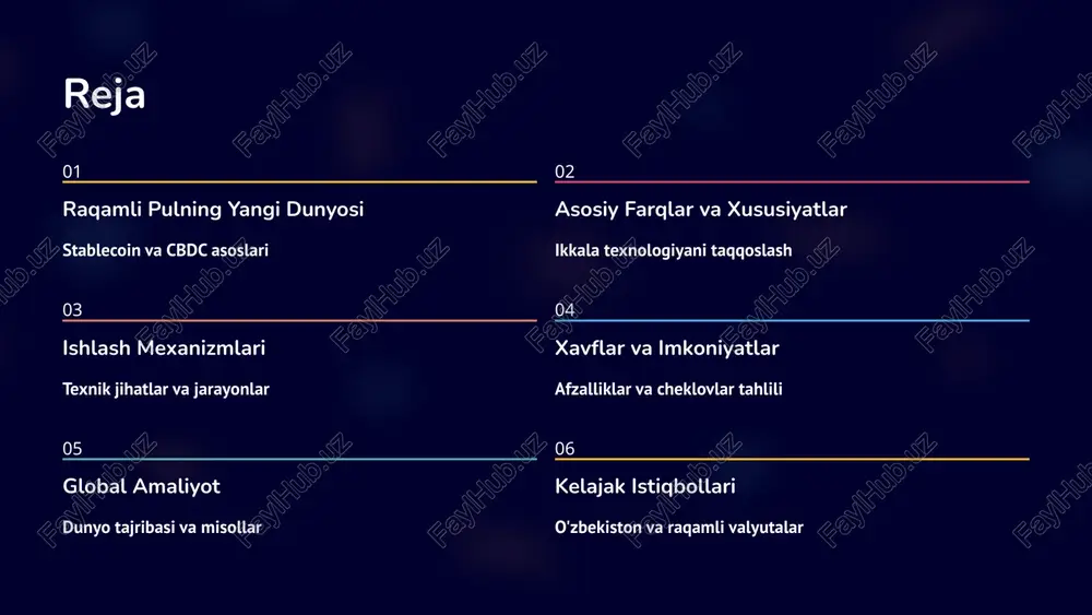 amalga oshirish imkonini beradi. bu – pul tizimining kelajagi. 6 stablecoin va cbdc o'rtasidagi asosiy farqlar markazlashganlik darajasi cbdc: to'liq markazlashgan, bitta markaziy bank tomonidan nazorat qilinadi va boshqariladi. stablecoin: ko'pincha markazlashmagan yoki yarim-markazlashgan blockchain tarmoqlarida ishlaydi. nazorat va tartibga solish cbdc: davlat tomonidan to'liq tartibga solinadi, qonunchilik asosida ishlaydi va qat'iy nazorat ostida. stablecoin: xususiy kompaniyalar tomonidan boshqariladi, regulyatsiya darajasi mamlakatga qarab o'zgaradi. xavfsizlik va ishonchlilik cbdc: davlat kafolati ostida maksimal xavfsizlik va ishonchlilik ta'minlanadi. stablecoin: xavfsizlik darajasi loyihaga va zaxiralar shaffofligiga bog'liq, xavf yuqoriroq. 7 stablecoin qanday ishlaydi? zaxira aktivlar har bir chiqarilgan token uchun bank hisobida yoki xavfsiz omborlarda real aktivlar saqlanadi – dollar, yevro, oltin yoki qimmatli qog'ozlar. chiqarish va yo'q qilish tokenlar chiqarilishi zaxira aktivlar bilan qat'iy muvofiqlashtiriladi. foydalanuvchi pul kiritganda tokenlar yaratiladi, pulini qaytarganda yo'q qilinadi. doimiy monitoring qiymat barqarorligini ta'minlash uchun zaxiralar muntazam tekshiriladi, mustaqil audit o'tkaziladi va natijalar ommaviy e'lon qilinadi. 8 …