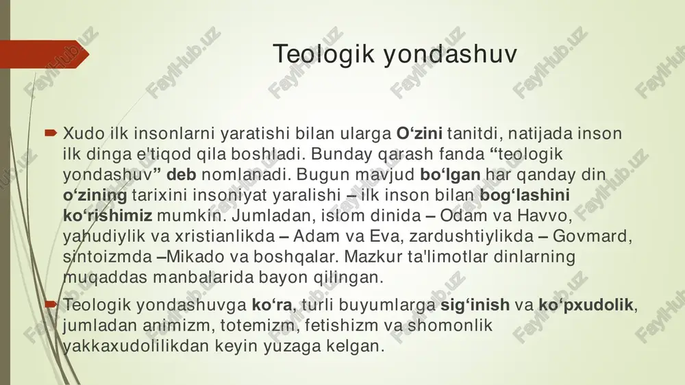 ada yashaydigan ojibva qabilasi tilida «uning urugʻi» ma'nosini anglatadi. uning mohiyati «odamlarning hayvonot va oʻsimlikning muayyan turlariga qarindoshlik aloqalari bor» deb e'tiqod qilishdir. totem-biror urugʻ yoki qabila ibtidosi, urugʻ asoschisi, ajdod, urugʻ jamoalari topinib, uni muqaddas tutgan hayvon. totemizm e'tiqod shakli ma'lum bir jamoaning avvalda asosiy ozuqa manbaini tashkil qilgan hayvon yoki oʻsimlikka nisbatan e'tibor keyinchalik vujudga kelgan qabilaning diniy tasavvurlarining asosiy shakllaridan biriga aylangan boʻlishi mumkin. fetishizm (fransuzcha «fetiche» - but, sanam; tumor) - tabiatdagi jonsiz predmetlarga sigʻinish. unga koʻra alohida buyumlar kishilarning oʻz maqsadiga erishtirish, ma'lum voqea-hodisalarni oʻzgartirish kuchiga ega deb hisoblangan. fetish ham ijobiy ham salbiy ta'sir kuchiga ega. fetishizm yogʻoch, loy va boshqa materiallardan yasalgan buyumlar paydo boʻlishi bilan bir paytda ibtidoiy jamoa tuzumining urugʻchilik bosqichida paydo boʻlgan. ibtidoiy odamlar bu butlar va tumorlarda urugʻ jamoalar gʻayritabiiy dunyodan keladigan ilohiy qudratining timsolini koʻrganlar. animizm (lotincha «anima» - ruh, jon) - insonni oʻrab turgan muhitda jonlar va …
