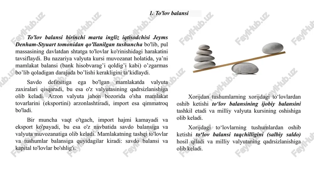mlakat byudjeti xalqaro savdodan foyda oladi. shunga ko‘ra, olingan mablag‘lar ijtimoiy dasturlarni ilgari surish, yangi daromad manbalarini yaratish, mahalliy yoki xorijiy loyihalarga sarmoya kiritish uchun ishlatilishi mumkin. savdo taqchilligi eksportning umumiy qiymati import hajmidan kam bo'lganda shakllanadi. bunda davlat xalqaro savdoga tashqi ta'minotdan olgandan ko'ra ko'proq mablag' sarflaydi. savdo balansidagi salbiy saldo soliq yukining oshishiga, yirik davlat kreditlari va ijtimoiy loyihalarga sarflanadigan xarajatlarning qisqarishiga olib kelishi mumkin. kapital oqimi balansi (capital payments gap) kapital aylanmasi balansi – kapitalning mamlakatga kirib kelishi va chiqib ketishi balansi, davlat va xususiy kapital va kreditlar, shu jumladan to‘g‘ridan- to‘g‘ri va portfel investitsiyalar, bank depozitlari, tijorat kreditlari, maxsus operatsiyalar va boshqalar eksporti va importi nisbati. kapital oqimi balansi aktivlarni sotishdan tushgan tushum va chet elda aktivlarni sotib olish xarajatlari o'rtasidagi farqga teng. kapitalning chiqib ketishi boshqa mamlakatlarga pul mablag'larining o'tkazilishini aks ettiradi u quyidagi operatsiyalar turlarini o'z ichiga oladi: to'g'ridan-to'g'ri investitsiyalar (korxonalarni sotib olish va …