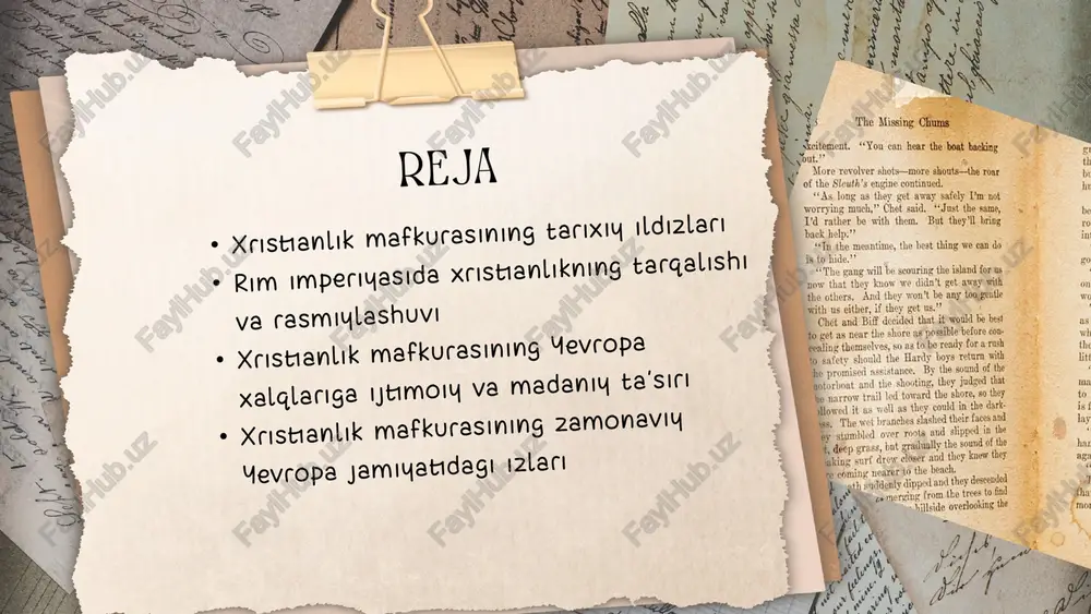 n. uning o‘limi va uch kundan so‘ng tirilishi haqidagi e’tiqod esa xristianlik mafkurasining asosiy nuqtalaridan biriga aylandi. iso o‘limi orqali insoniyatning gunohlarini yuvganiga va tirilishi bilan abadiy hayotga yo‘l ochganiga ishonish bu mafkuraning bosh g‘oyasidir. xristianlik mafkurasining tarixiy ildizlari xristianlik ilk davrlarda imperiya tomonidan ta’qib ostiga olinib, uning izdoshlariga qarshi jiddiy jazolar qo‘llanilgan. ammo bu ta’qiblar mafkuraning tarqalishiga to‘sqinlik qilmagan, aksincha, yanada kuchli ruhiy mustahkamlik, fidoyilik va diniy birdamlikni shakllantirgan. ko‘plab kishilar, jumladan, qullar, ayollar va kambag‘allar bu mafkurani qabul qila boshladilar. sababi xristianlik ularni qadrladi, ularga najot va umid va’da qildi. asta-sekin bu mafkura xalqlar orasida keng yoyila boshladi. rim imperiyasi bo‘ylab sayohat qilgan missionerlar va havoriylar orqali xristianlik yunon, lotin va boshqa tillarda targ‘ib qilindi. ayniqsa, pavlus (paul) ismli havoriyning hissasi katta bo‘lgan. uning maktublari keyinchalik injilning muhim qismini tashkil etdi. yevropada xristianlik mafkurasining tarqalishi yevropada xristianlik mafkurasining keng tarqalishi bir necha bosqichlarda sodir bo‘lgan bo‘lib, bu jarayon …