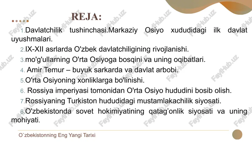 vilizatsiya, slojivshayasya v samie drevnie vremena v regione sredney azii. o`zbekistonning eng yangi tarixi istoriya uzbekistana administrator (a) - administrator (a) - barcha mintaqalarda, shu jumladan o'rta osiyoda ham ibtidoiy odam va ibtidoiy xojalik tizimini shakllantirish jarayoni bir necha bosqichda o'tdi: o`zbekistonning eng yangi tarixi istoriya uzbekistana poliolit neolit mezolit eneolit bronza davri temir davri "avesto" tarixiy manba sifatida. avesto zardushtiylarning diniy matnlari to'plami. zardushtiylik-bu yaxshilik va yomonlik o'rtasidagi abadiy kurashga asoslangan eng qadimgi din. "avesta" nafaqat zardushtiylik dinining muqaddas bitikidir, balki bizning mintaqamizda bir vaqtlar yashagan qadimgi xalqlar tarixi, madaniyati, ijtimoiy va siyosiy tuzilishi bo'yicha asosiy manbalardan biridir. o`zbekistonning eng yangi tarixi istoriya uzbekistana "davlat" tushunchasi: davlat-bu siyosiy hokimiyatni tashkil etish tizimi. o`zbekistonning eng yangi tarixi davlat belgilari yagona hudud va yagona ma'muriy tizimning mavjudligi. tashkiliy hokimiyat tuzilmalarining mavjudligi (davlat hokimiyati, amaldorlar). qonunning paydo bo'lishi (qonunlar to'plami). yagona soliq tizimi. aholi va hududni himoya qilish uchun armiya. yozuv 7 …