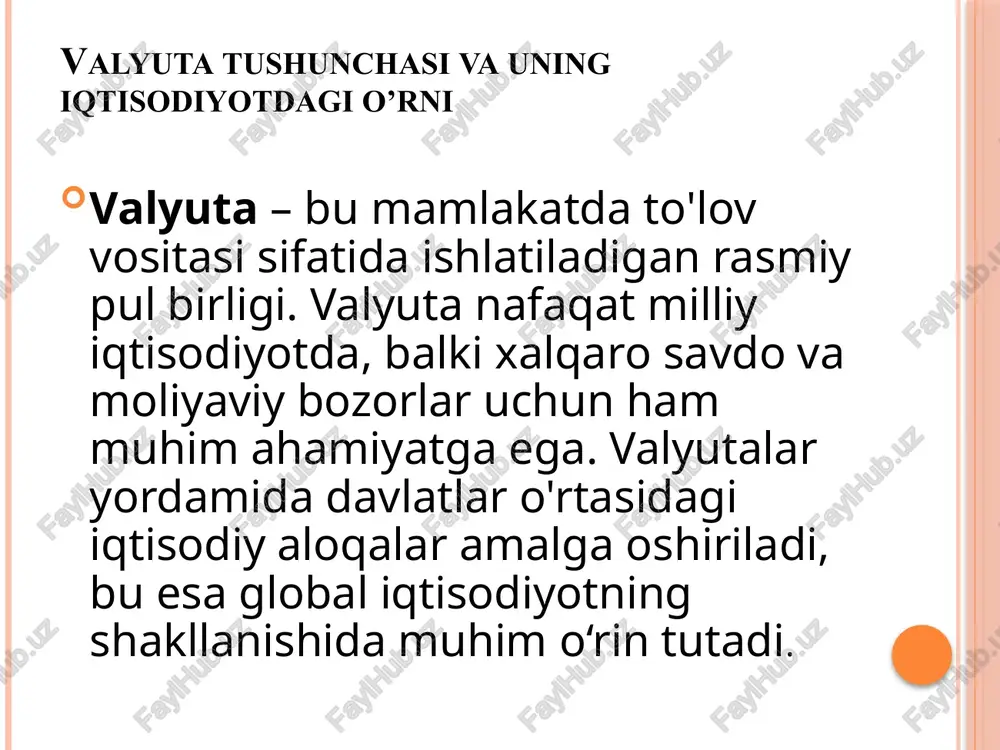 gi tufayli eng ko'p ishlatiladigan va ishonchli valyutalar sifatida tan olingan. eng qimmat pul birliklari 1.quvayt dinori 2.bahrayin dinori 3.ummon riali 4.iordaniya dinori 5.angliya funt sterlengi 6.kayman orollari dollari 7.yevropa yevrosi 8.shvetsariya franki 9.aqsh dollari 10.kanada dollari valyuta kurslari va o‘zgarishlar valyuta kursi – bu bir mamlakat valyutasining boshqa mamlakat valyutasiga nisbatan qiymati. valyuta kurslari turli sabablarga ko‘ra o‘zgarishi mumkin va bu o‘zgarishlar xalqaro savdo, investitsiyalar va iqtisodiy siyosatga ta’sir ko‘rsatadi. unga ta’sir qiluvchi omillar: iqtisodiy ko’rsatkichlar savdo balansi xorijiy investitsiyalar iqtisodiy va siyosiy barqarorlik milliy va xalqaro valyuta bozorlari valyuta bozori (forex yoki foreign exchange market) – bu turli davlatlarning valyutalarini savdo qilish imkonini beruvchi global moliyaviy bozor. bu bozor orqali davlatlar, korxonalar va investorlar turli valyutalarni bir-biriga almashtirish imkoniyatiga ega bo‘lib, xalqaro savdo va investitsiyalarni amalga oshiradilar. kriptovalyuta tushunchasi kriptovalyuta – bu shifrlangan, raqamli shaklda mavjud bo‘lgan va mustaqil ravishda ishlaydigan valyuta. u markaziy organ tomonidan boshqarilmaydi, balki …