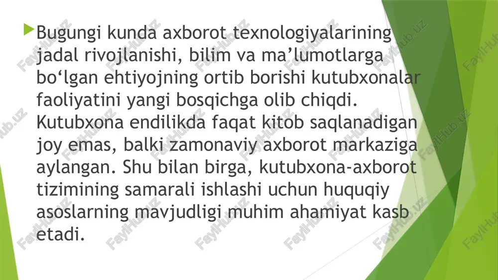 unda quyidagi masalalar yoritilgan: kutubxona tarmog‘ining tuzilmasi va turlari (respublika, viloyat, tuman, oliy o‘quv yurtlari, maxsus va bolalar kutubxonalari); kutubxonalarning asosiy vazifalari: fondlarni shakllantirish, saqlash, qayta ishlash, axborot xizmatlarini ko‘rsatish; kutubxona foydalanuvchilari huquqlari va majburiyatlari; davlat tomonidan kutubxonalarni qo‘llab-quvvatlash va moliyalashtirish tartibi; elektron kutubxona va axborot tizimlarini rivojlantirish masalalari. kutubxona-axborot faoliyatini tartibga soluvchi boshqa me’yoriy hujjatlar 3.1. prezident farmon va qarorlari pq–3272-son qaror (2017-yil 7-sentabr): “axborot-resurs markazlari faoliyatini yanada takomillashtirish chora-tadbirlari to‘g‘risida”. ushbu qaror kutubxona tizimini modernizatsiya qilish, raqamlashtirish va yagona axborot tarmog‘ini yaratishga qaratilgan. pf–60-son farmon (2022-yil 28-yanvar): “yangi o‘zbekiston taraqqiyot strategiyasi to‘g‘risida”. unda milliy kutubxonalarni innovatsion axborot markazlariga aylantirish vazifasi belgilangan. vazirlar mahkamasining qarorlari vmq № 342 (2018-yil 23-aprel): “kutubxona fondlarini raqamlashtirish tartibi to‘g‘risida”. bu hujjat elektron kutubxonalarni shakllantirish, metadata yaratish va fondlarni himoya qilish masalalarini tartibga soladi. xulosa kutubxona-axborot faoliyatini tartibga soluvchi me’yoriy-huquqiy hujjatlar jamiyatda axborot erkinligi, ma’naviy boylikni saqlash va yosh avlodni ma’rifatli etib tarbiyalashda muhim …