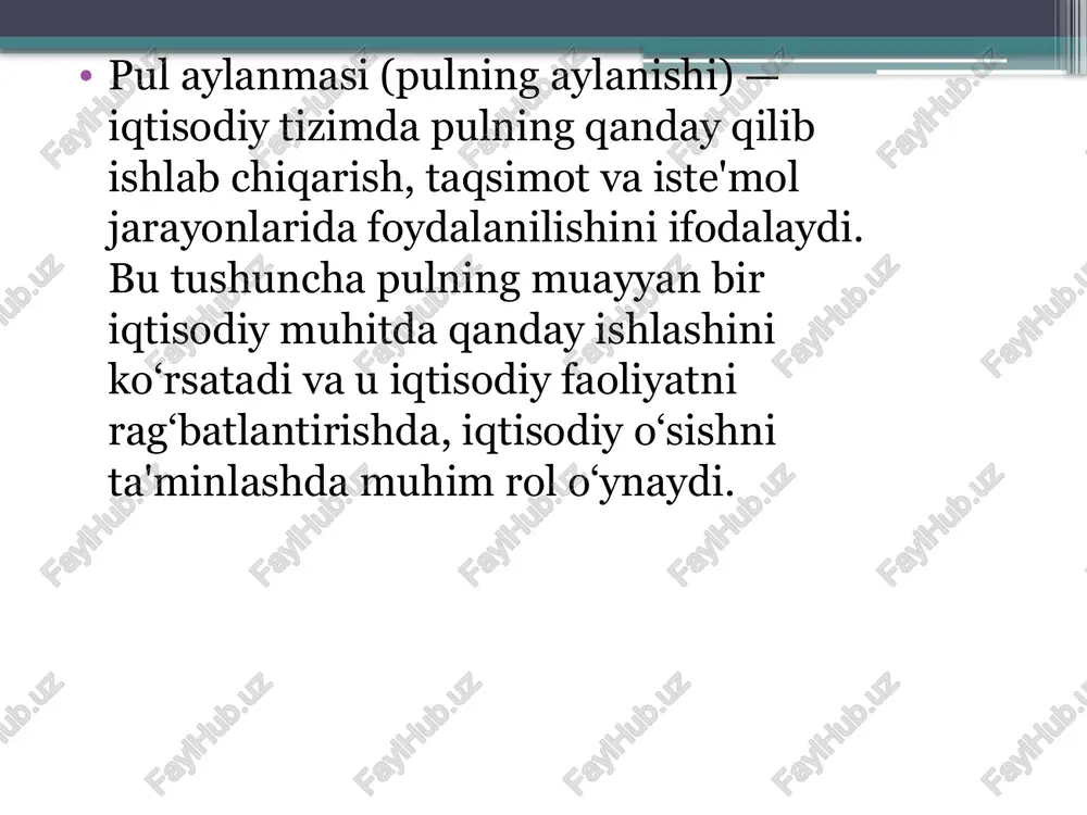 gan bo‘lib, turli iqtisodiy sohalarda muhim o‘rin egallamoqda. naqd pulsiz hisob-kitob naqd pulsiz hisob-kitob tizimi (cashless payments) bank xizmatlari va texnologik rivojlanish tufayli keng tarqalgan moliyaviy operatsiyalar turi hisoblanadi. ushbu tizimda to‘lovlar naqd pul ishlatmasdan amalga oshiriladi va ko‘pincha raqamli vositalar yoki bank xizmatlaridan foydalaniladi. e’tiboringiz uchun tashakkur image2.png image3.png image4.png /docprops/thumbnail.jpeg pulaylanmasi tushunchasi taribiy tui ‘nad pul aylanmasiva uni tase qilish prinsplar, ). nagdsiz pl aylanmalari va ularning ‘muomaladagi oa, 4. nad pulsirhisob kitob osinlari pul aylanmasi va uning tarkibi