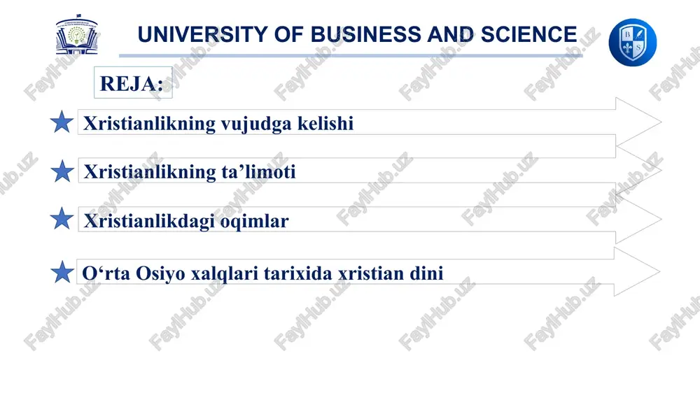 ristos”) shakliga ega. bu dinning “xristianlik” yoki “masihiylik” deb atalishi ham shu so’zlar bilan bog’liq. bundan tashqari xristianlik iso masihning tug’ilgan qishlog’i “nazaret” bilan bog’lab, nazroniya deb ham atalgan. keyinchalik bu nom nasroniya, nasroniylik shaklini olgan. iso masih o’z ta’limotini o‘zining 12 o‘quvchisi apostollar – havoriylarga o‘rgatdi. ular esa isoning vafotidan keyin ustozlarining talimotlarini har birlari alohida-alohida tarzda kitob shakliga keltirdilar. bu kitoblar bibliyaning “yangi ahd” qismini tashkil etadi. university of business and science xristianlikning ta’limoti manbalar habar bericha, xristianlik yaxudiy muhitida yuzaga kelgan. bu esa, xristianlikning yaxudiylikdan ko’p jihatdan ta’sirlanishiga sabab bo’ldi. xristianlikning asosiy g’oyasi – isoning odamzodning xaloskori “messiya” ekanligi yaxudiylikda mavjud bo‘lib, oxiratga yaqin kelishi kutilayotgan xaloskor haqidagi ta’limotdan kelib chiqqandir. tavrot. musoga tegishli bo’lgan, besh kitob “tavrot” deb ataladi va u quyidagi kitoblarga bo’linadi: 1) ”borliq” yoki “ibtido”; 2) ”chiqish”; 3) “levit”; 4) “sonlar”; 5) “ikkincchi qonun”. injil. injil – xushxabar ma’nosini anglatadi. yangi ahd tarkibiga …