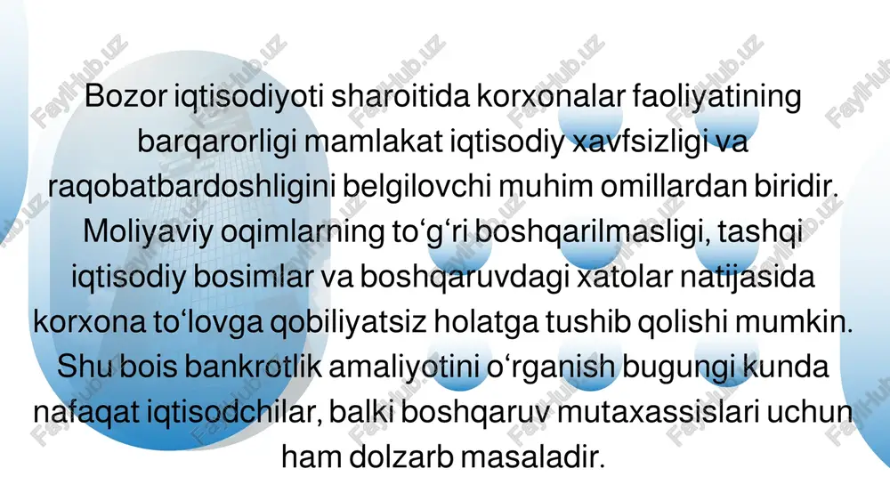 sizlikni ko‘rsatish holati. qasddan bankrotlik — boshqaruv organlarining noto‘g‘ri yoki zararli qarorlari natijasida korxona ataylab zarar keltirilgan holda bankrotlikka olib kelinadi. lorem ipsum dolor sit amet, consectetur adipiscing elit. duis vulputate nulla at ante rhoncus, vel efficitur felis condimentum. proin odio odio. bankrotlikning sabablari ichki va tashqi omillarga ajratiladi. ichki sabablar: • moliyaviy rejalashtirishdagi kamchiliklar; • boshqaruvdagi strategik xatolar; • ishlab chiqarish samaradorligining pasayishi; • mahsulot sifatining raqobatbardosh emasligi. tashqi sabablar: • makroiqtisodiy inqirozlar va inflyatsiya; • bozor talabining pasayishi; • soliq yukining ortishi; • valyuta kursidagi keskin o‘zgarishlar. statistika agentligi ma’lumotlariga ko‘ra, 2024-yilda o‘zbekistonda 1200 dan ortiq yuridik shaxs to‘lovga qobiliyatsiz deb topilgan. lorem ipsum dolor sit amet, consectetur adipiscing elit. duis vulputate nulla at ante rhoncus, vel efficitur felis condimentum. proin odio odio. lorem ipsum dolor sit amet, consectetur adipiscing elit. duis vulputate nulla at ante rhoncus, vel efficitur felis condimentum. proin odio odio. lorem ipsum dolor sit …