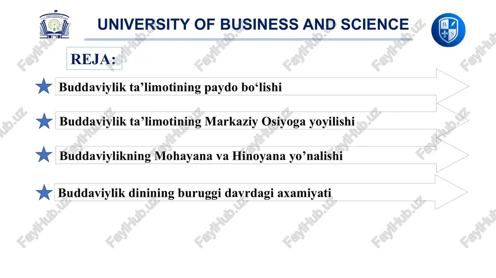 d» 4 oliy haqiqat university o business and science birinchi haqiqat – "azob-uqubat mavjuddir". har bir tirik jon boshidan kechiradi. shuning uchun har qanday xayot – qiynoq, azob-uqubatdir. ikkinchi haqiqat. "qiynoqlarning sababi mavjuddir". inson moddiy narsalar yoki ma'naviy qadriyatlardan foydalanib, ularni haqiqiy va doimiy deb hisoblaydi va doimo ularga ega bo'lishga intiladi. uchinchi haqiqat. "qiynoqlarni tugatish mumkin". yaxshi yoki yomon niyatlar, intilishlardan butunlay uzilish nirvana holatiga to'g'ri keladi. bu holatda inson qayta tug'ilishdan to'xtaydi. nirvana holati buddaviylar fikricha, "xayot g'ildiragi"dan tashqariga chiqish, "men" degan fikrdan ajralib insonning xissiy tuyg'ularini to'la tugatishdir. to'rtinchi haqiqat. "qiynoqlardan qutulish yo'li mavjuddir". bu yo'ldan borgan inson budda yo'lini tutadi. university o business and science buddizm manbalari tripitaka sutra-pitaka vinaya-pitaka rohiblik axloqi, xonaqohlar nizomlariga bag'ishlangan vinaya matnlari abxidxarma-pitaka buddizmning falsafiy va psixologik muammolarini bayon qilib berishga bag'ishlangan abxidxarma matnlari budda targ'ibotining haqiqiy bayoni hisoblangan sutra matnlari university o business and science buddaning 84 mingta nasihati 108 …