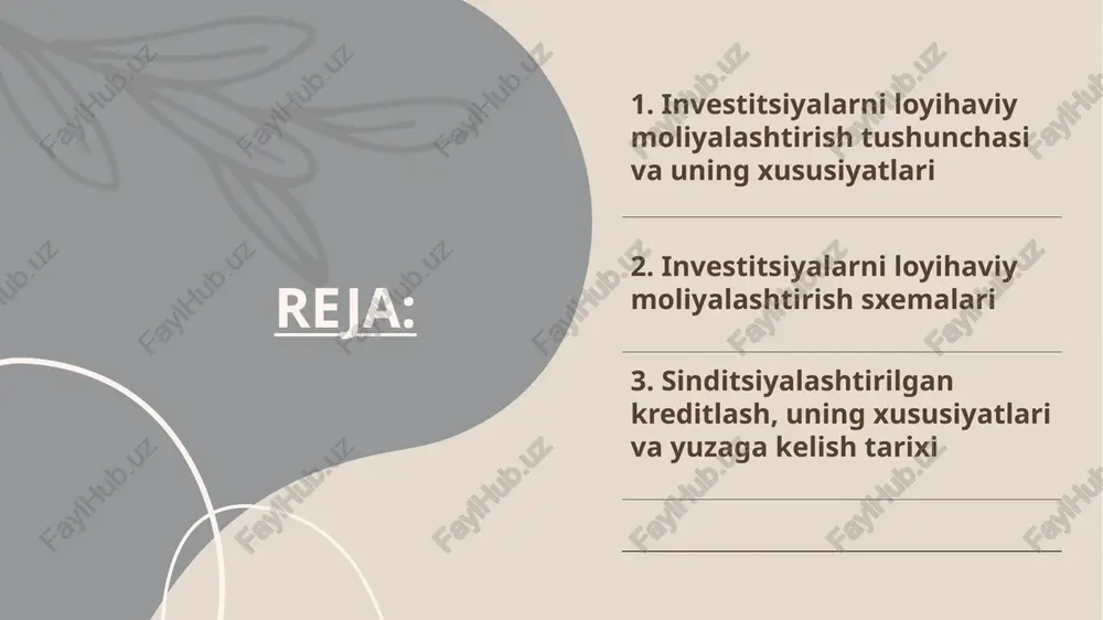 al talabi – bu kabi loyihalar moliyaviy mablag‘larga bo‘lgan talab juda katta bo‘lib, unda aralash moliyalashtirish usullaridan foydalaniladi; loyihalashtirish va qurilish ishlariga mehnat talabi katta bo‘ladi; ishga tushish muddati 5-7 yil va undan uzoq muddatlarda beriladi; loyiha ishga tushadigan joylarning ajratilishi va shu sababli infratuzilmani rivojlantirish maqsadida qo‘shimcha xarajatlarning kiritilishi; davlat yoki mintaqaning iqtisodiy-ijtimoiy holatiga ta’siri. 7 investitsiyalarni loyihaviy moliyalashtirish sxemalari loyihaviy moliyalashtirishni amalga oshirish o‘ziga xos tamoyillarga asoslanadi va ular quyidagilardan iborat: – investitsion loyihada loyihani amalga oshirishga tayyor ishonchli sheriklarning ishtirok etishi; – loyiha texnik-iqtisodiy asoslanishi va loyiha-smeta hujjatlarining yuqori talab darajasida ishlab chiqilishi; – loyihaning yetarli darajada kapitalizatsiyasi; – loyihaning qurilish-montaj va ekspluatatsiya mezonlarini batafsil o‘rganib chiqish (transport, mahsulotni ishlab chiqarish, marketing va shu kabilar); – loyiha riskini baholash va uni loyiha ishtirokchilari o‘rtasida taqsimlash; – garov yoki boshqa ta’minotning maqsadga muvofiq mavjudligi. 8 8 loyihaviy moliyalashtirishning yuqorida keltirilgan tamoyillari uni amalga oshirishning quyidagi ikki turdagi moliyaviy …