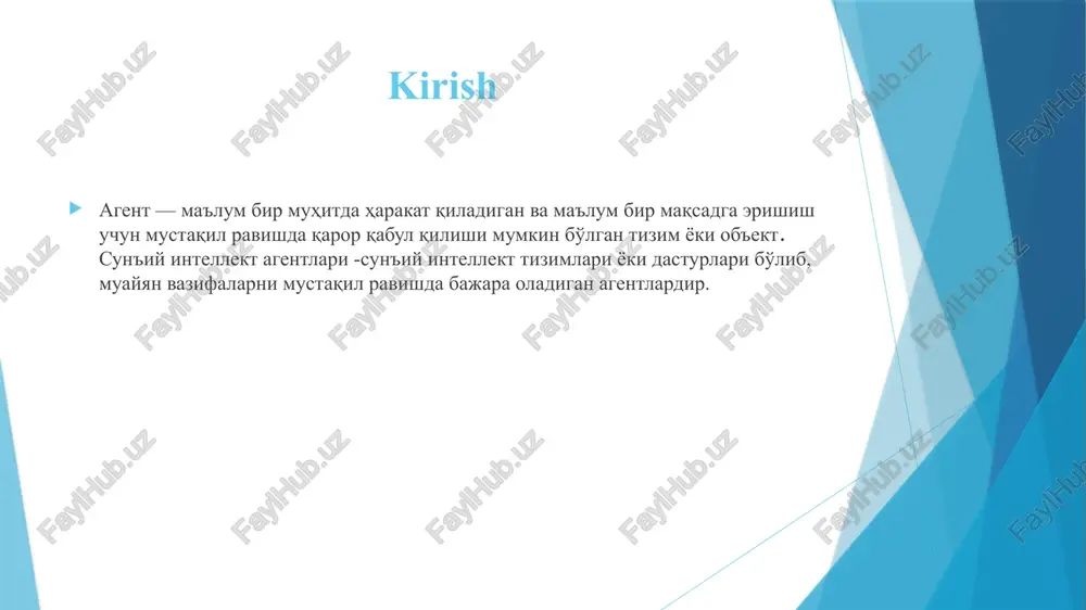 javobgardir va ular elektr motor, tishli, relslar va hokazo boʻlishi mumkin. intellektual agentlar. effektorlar - atrof-muhitga ta’sir qiluvchi qurilmalardir. effektorlar oyoqlar, gʻildiraklar, qoʻllar, barmoqlar va displey ekrani boʻlishi mumkin. intellektual agentlar ikki katta guruhga boʻlinadi: dasturiy ta’minot agentlar va jismoniy agentlar. dasturiy ta’minot agenti - dasturiy ta’minot agenti sensorli kirish sifatida tugmachalarni bosishi, fayl tarkibiga ega boʻlishi va ushbu kirishlar boʻyicha harakat qilishi va ekranda chiqishi kerak boʻladi. shuning uchun atrofimizdagi dunyo, uyali telefon, kamera kabi agentlarga toʻla va hatto biz ham agentmiz. jismoniy agent (robot) - bu turli xil vazifalarni bajarish uchun ishlatilishi mumkin boʻlgan dasturlashtiriladigan tizim, masalan, oddiy robotlar payvandlash yoki boʻyash kabi turli xil muntazam ishlarni bajarish uchun ishlab chiqarish sohalarida ishlatilishi mumkin. ba’zi tashkilotlar pochta yoki yozishmalarni turli xonalarga tarqatish kabi oddiy yetkazib berish ishlarini bajarish uchun mobil robotlardan foydalanadilar. intellektual agentlar. sunʼiy intellekt agentining tuzilishi. sunʼiy intellektning vazifasi agent funksiyasini amalga oshiradigan dasturini ishlab chiqishdir. …