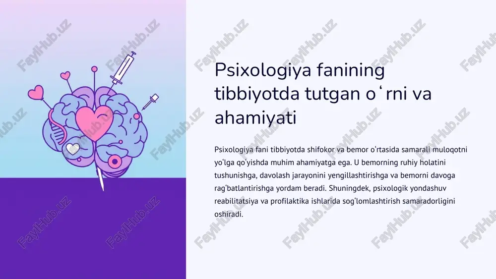 ruhiy buzilishlar va tibbiy asoratlar patopsixologiya ruhiy buzilishlar va ularning tibbiy asoratlarini chuqur o‘rganadi, bu esa to‘g‘ri tashxis qo‘yish va samarali davolash strategiyalarini ishlab chiqish uchun asos bo‘ladi. erta aniqlash va shifokorlar roli ruhiy kasalliklarni erta aniqlash va davolashda shifokorlarning roli juda muhim. ular bemorlarning psixologik holatini baholashda birinchi bo‘g‘in vazifasini o‘taydilar. klinik amaliyotdagi ahamiyati patopsixologiyaning klinik amaliyotdagi ahamiyati bemorlarning umumiy sog‘lig‘ini yaxshilash va ularning hayot sifatini oshirishga qaratilgan. https://gamma.app/?utm_source=made-with-gamma preencoded.png psixologiya va tibbiyot tarixi: asosiy burilish nuqtalari 1808 yil yohann kristian rayl psixiatriya atamasini kiritib, ruhiy kasalliklarni tibbiy fan sifatida o‘rganishga asos soldi. 20-asr aqshda psixologiya tibbiyot ta’limiga asta-sekin integratsiyalashdi, bu esa tibbiy yondashuvlarning kengayishiga olib keldi. hozirgi davr zamonaviy tibbiyotda psixologiya va klinik psixiatriyaning birlashuvi yanada kuchayib, keng qamrovli davolash usullarini shakllantirmoqda. https://gamma.app/?utm_source=made-with-gamma preencoded.png shifokor faoliyatida inklyuziv ta’limning oʻrni inklyuziv ta’lim barcha bemorlarga, jumladan ruhiy va jismoniy nogironligi bo‘lganlarga ham teng yondashuvni nazarda tutadi. bu har bir shaxsning …