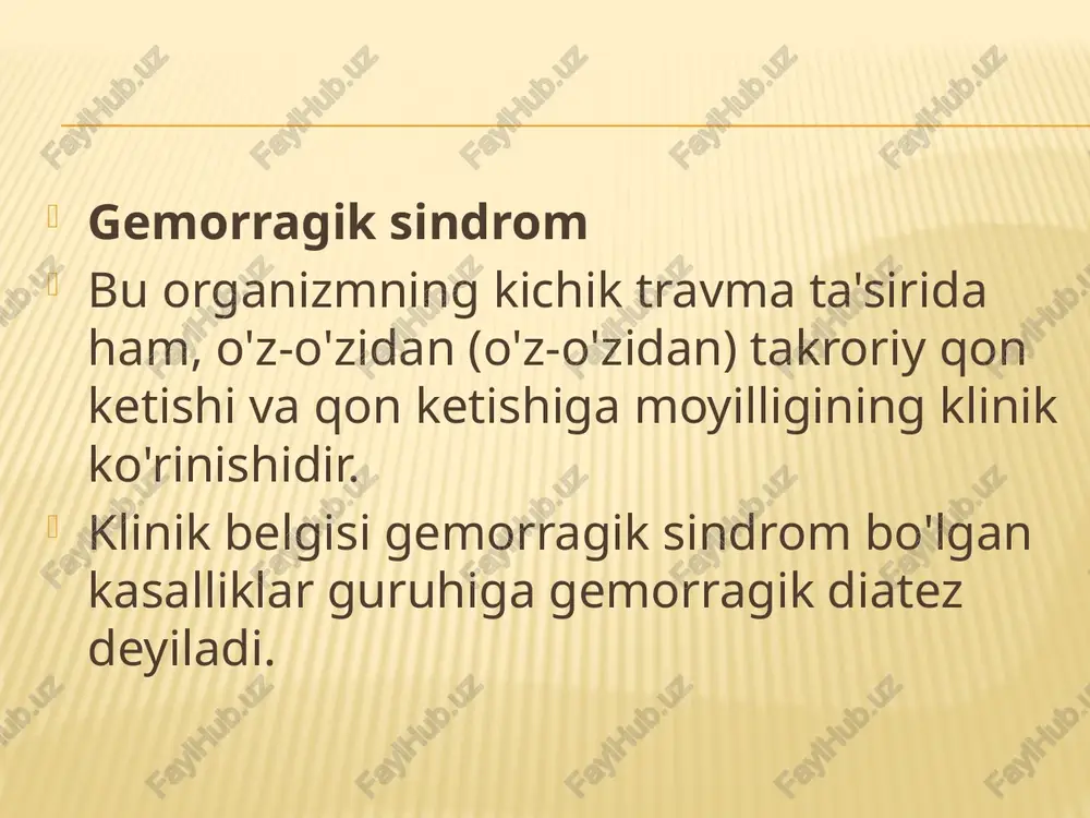 . gemofiliyaning 70% dan ko’proq holatlari bemorning nogironligiga olib keladi. gemofiliyaning uch turi ajratiladi: gemofiliya a — x xromosomasida retsessiv mutatsiya. gemofiliya a da antigemofil globulin yetishmasligi (omil viii) qayd qilinadi. bu 80-85% hollarda yuzaga keladigan, gemofiliyaning eng keng tarqalgan turi. viii omil darajasida 5-20% bo’lganda, shikastlanish va jarrohlik aralashuvlarida og’ir qon ketish kuzatiladi. gemofiliya b — x-xromosomadagi retsessiv mutatsiya bo’lib, u kristmas omili yetishmasligi (ix omil) bilan tavsiflanadi. ushbu turdagi gemofiliyada ikkinchi darajali koagulyatsion plastinkaning shakllanishi buziladi. gemofiliya c (autosomal-retsessiv yoki nasldan-naslga o’tishning to’liq bo’lmagan penetratsiyali dominant turi). bunday patologiya ham erkak, ham ayollarda rivojlanishi mumkin. xi omil yetishmasligi qayd qilinadi. patologiyaning mazkur shakli ashkenaz-yahudiylari orasida keng tarqalgan. davolash: har bir turida maxsus qon ivish faktori yuboriladi. (8-qon ivish faktori) - emoklot d 250me- 5.0ml liofillizat flakonda. askorutin fizioterapiya idiopatik trombotsitopenik purpura itp – surunkali, toʻlqinli kasallikdir. bu trombotsitopeniya, qon oqimida gigant trombotsitlarning tez-tez mavjudligi va suyak iligidagi funktsional …