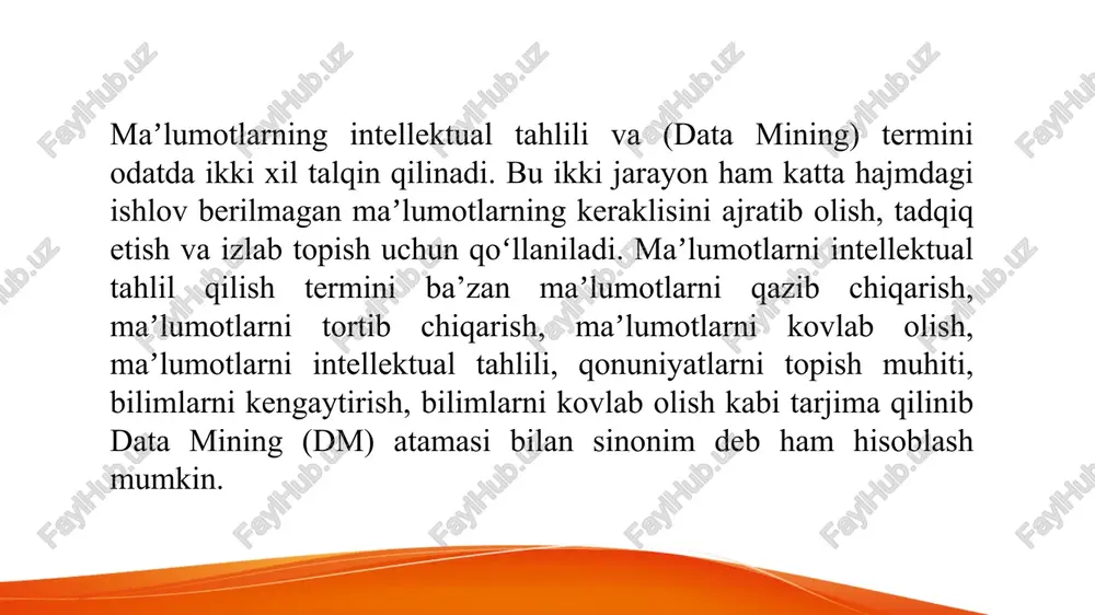 onini beradi. har bir segment uchun siz mijozlar yaxshiroq javob beradigan shaxsiy reklamani ishlab chiqishingiz mumkin. 2.ishlash samaradorligini oshirish. kompaniyalar mijozlarning xarid qilish odatlari va yetkazib beruvchilarning narx belgilash xatti-harakatlarini tushunish uchun ma'lumotlarni yig'ish va ma'lumotlar tahlilidan foydalanish orqali samaradorlikni oshirishi va xarajatlarni kamaytirishi mumkin. 3. mijozlarni ushlab turish. ma'lumotlarni qidirish sizga mijozlar haqida qimmatli ma'lumotlarni olish imkonini beradi. bu, o'z navbatida, mijozlar bilan yanada samarali muloqot qilish va ularning ishlamay qolishini kamaytirish uchun ishlatilishi mumkin marketing kompaniyalar marketing operatsiyalarini optimallashtirish uchun ma'lumotlar to'plamidan foydalanishlari mumkin. ma'lumotlarni qidirish natijalari potentsial mijozlar sizning reklamalaringizni qayerda ko'rishi mumkinligini, qaysi demografiyaga mo'ljallanganligini, raqamli reklamalar qaysi platformalarda joylashtirilishi kerakligini va qanday marketing strategiyalari mijozlarga eng katta ta'sir ko'rsatishini tushunishga yordam beradi. hr boshqaruvi hr bo'limlari ko'pincha qayta ishlash uchun turli xil ma'lumotlarga ega, jumladan, ushlab turish, ko'tarilishlar, ish haqi diapazonlari, kompaniya bonuslari va imtiyozlardan foydalanish va xodimlarning qoniqish so'rovlari. ma'lumotni qazib olish ushbu ma'lumotlarni …