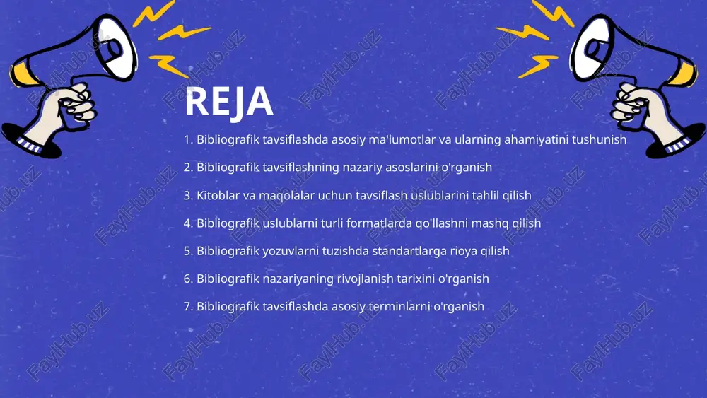 ishlar - elektron kataloglar va avtomatlashtirilgan tizimlar bibliografik tavsiflashni yangi bosqichga olib chiqadi. hozirgi rivojlanish jarayonlari qulaylikni oshiradi va samaradorlikni ta'minlaydi. 4 kitoblar va maqolalar uchun tavsiflash uslublarini tahlil qilish umumiy tavsifning o‘rni - kitob va maqolalarni tahlildan oldin, ularning asosiy maqsadini tushunish muhim. yozuvchilar ko‘pincha mavzuni ochib berishda aniqlik va soddalik tamoyillariga tayanadi. maqsadga mos uslub tanlovi - tavsif uslubi asarning turiga bog‘liq. masalan, ilmiy maqolalarda dalillar va izohlar, badiiy kitoblardagi emotsional bayon bilan farq qiladi. o‘quvchiga ta’sir etuvchi omillar - o‘quvchilarning e’tiborini jalb qilishda obrazli tizim va tasvirlarning o‘rni katta. uslub mazmunning boshqarilishini ta’minlaydi. tavsif sifati va ma’nosi - aniqlik va uzviylik tavsif matnining muvaffaqiyatini belgilaydi. har bir so‘z kutilgan ta’sirni oshirishga xizmat qiladi. 5 bibliografik uslublarni turli formatlarda qo'llashni mashq qilish bibliografik uslub turlari - bibliografik uslublar tarkibiga mla, apa, chicago kiradi. har bir uslubda asarni taqdim etish tartibi farqli bo'ladi, masalan, mualliflikni yozish yoki sana ko'rsatish. …