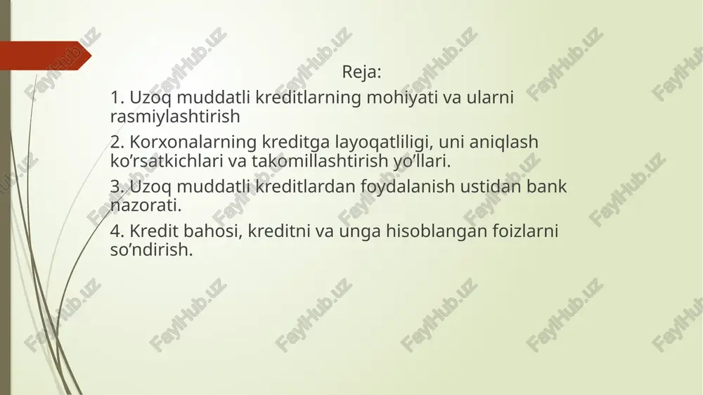 fitsienti; 2. oz aylanma mablaglari mavjudligi; 3. foyda va rentabellik koeffitsientlari. mijozning kreditga layoqatlilik darajasi banklar uchun juda zarur, chunki har bir berilgan kredit risk bilan bogliq. agar bank riskni hisobga olmasa, kredit oz vaqtida qaytmasligi yoki umuman tolanmasligi mumkin. shu sababli, banklar oz mijozlari moliyaviy holatini, tolovga qobilligini va albatta, kreditga layoqatliligini tahlil qiladi. absolyut likvid mablaglar tarkibiga balans aktiv qismining ikkinchi bolimi jamisi kiritiladi. ular 3 qismdan iborat: 1. oson ishlatiladigan zahiralar; 2. pul mablaglari; 3. oson amalga oshiradigan talablar, "debitorlik qarzlari". jahon amaliyotida korxona likvid mablaglari ikkiga bolinadi: 1.absolyut likvid mablag’lari; 2.joriy likvid mablag’lari joriy likvid mablaglar bu juda ham tez pulga aylanadigan korxona vositalarini oz ichiga oladi, shu sababli joriy likvid mablaglar tarkibiga balans aktiv qismi ikkinchi bolimining quyidagilari kiradi: pul mablaglari; debitorlik qarzlari. kredit bahosi – qarz oluvchi va bank o‘rtasida belgilangan foiz stavkasi bo‘lib, inflyatsiya, pul bozori holati va markaziy bank stavkasiga qarab belgilanadi. …