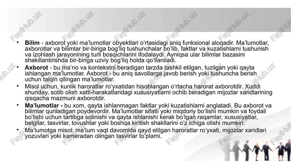 n tasdiqlanishi mumkin bo'lgan narsani bilish yoki tushunishdir bilimlar bazasi - bu ma'lum bir mavzu bo'yicha inson tajribasi va bilimlari haqidagi xulosalar, qoidalari va ma'lumotlarini o'z ichiga olgan ma'lumotlar bazasi. bilim - bu inson tushunchasi, talqini va tajribasini oʻzida mujassamlashtirgan holda axborotdan tashqariga chiqadi. bilim koʻpincha ma’lum sohalar, fanlar yoki tajribalar kontekstida sintez qilingan va tushunilgan maʼlumotlar toʻplami sifatida koʻriladi. bu ma’lum bir sohada muammolarni hal qilish, qarorlar qabul qilish va tushunchalarni shakllantirish uchun maʼlumot va axborotlarni samarali qoʻllash qobiliyatini oʻz ichiga oladi bilimlar bazasi… bilim uchta turga boʻlinadi: deklarativ bilim: bizga narsalar haqida faktlarni aytib beradi. misol uchun, “lampochka porlashi uchun elektr tokini talab qiladi” degan gap haqiqatan ham toʻgʻri. - protsessual bilim: bilim olish uchun faktlardan foydalanishga asoslangan muqobil harakatlarni ta’minlaydi. misol uchun, odam odatda choynakni yoqishdan oldin ichidagi suv miqdorini tekshiradi; agar choynakda suv yetarli boʻlmasa, unda koʻproq qoʻshiladi. - meta-bilim: bilim haqidagi bilimdir. bu bizga mutaxassislar …